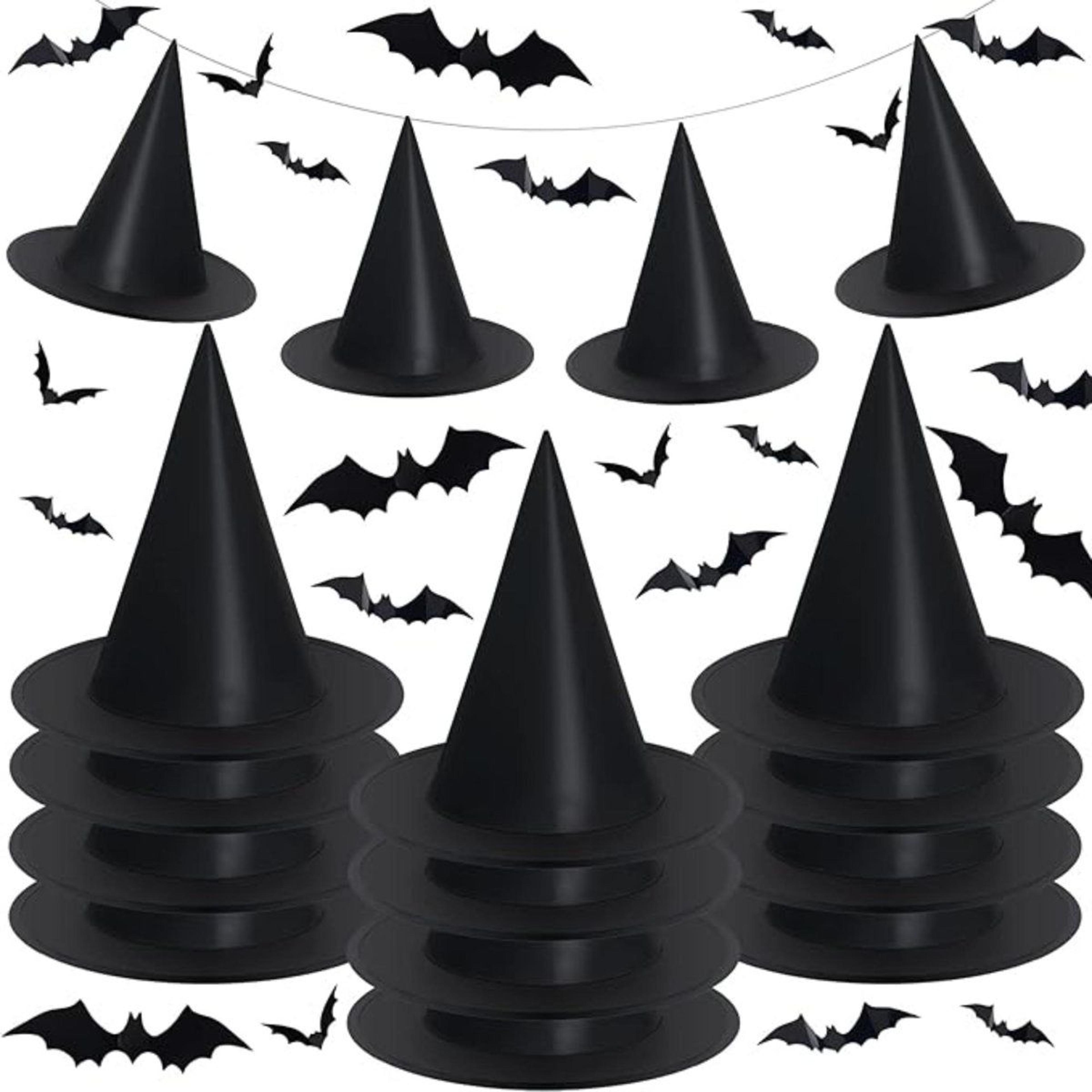 12 piece black halloween witch hats with 3d bats wall decor