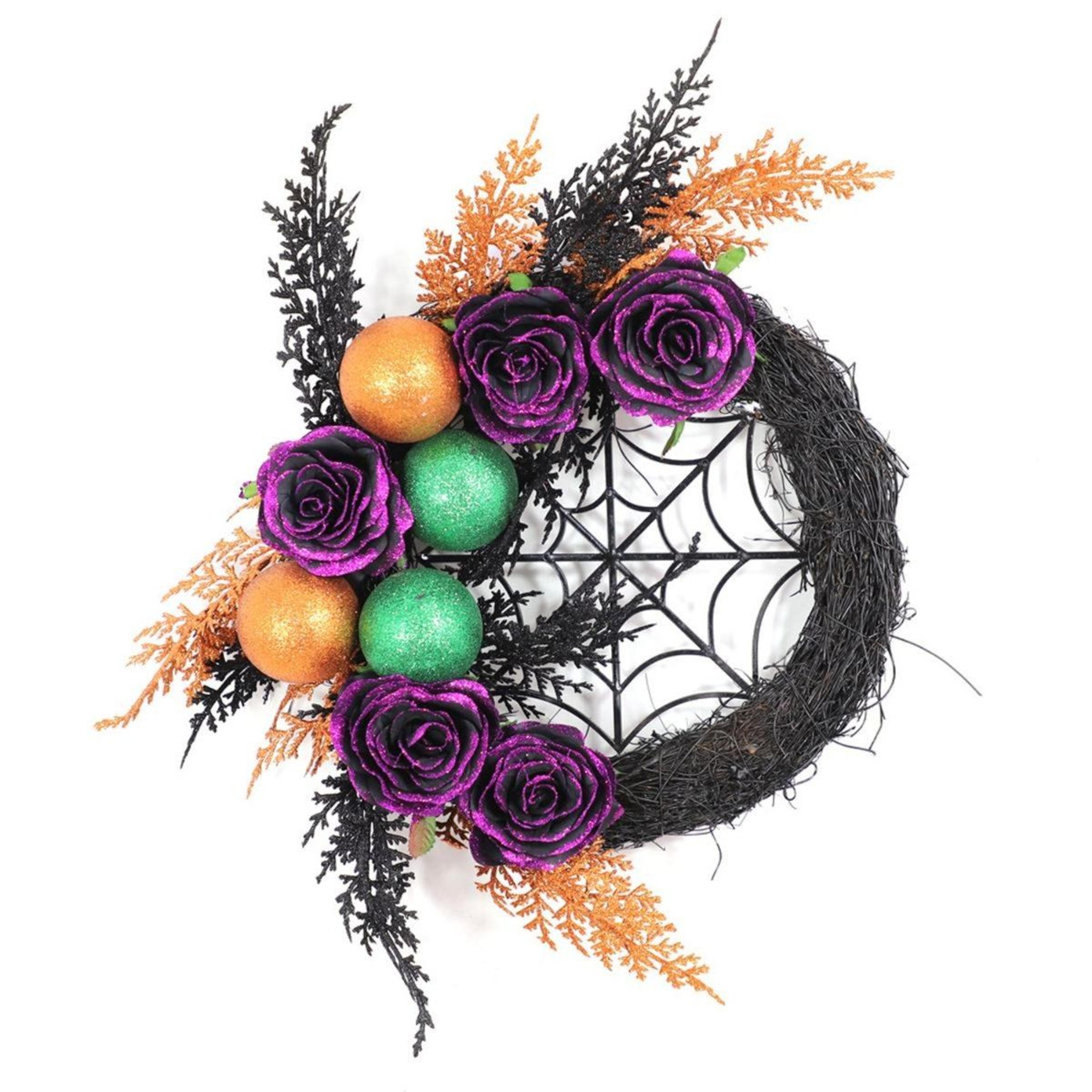 17.7 inch luminous halloween spider web wreath with purple roses and ball ornaments