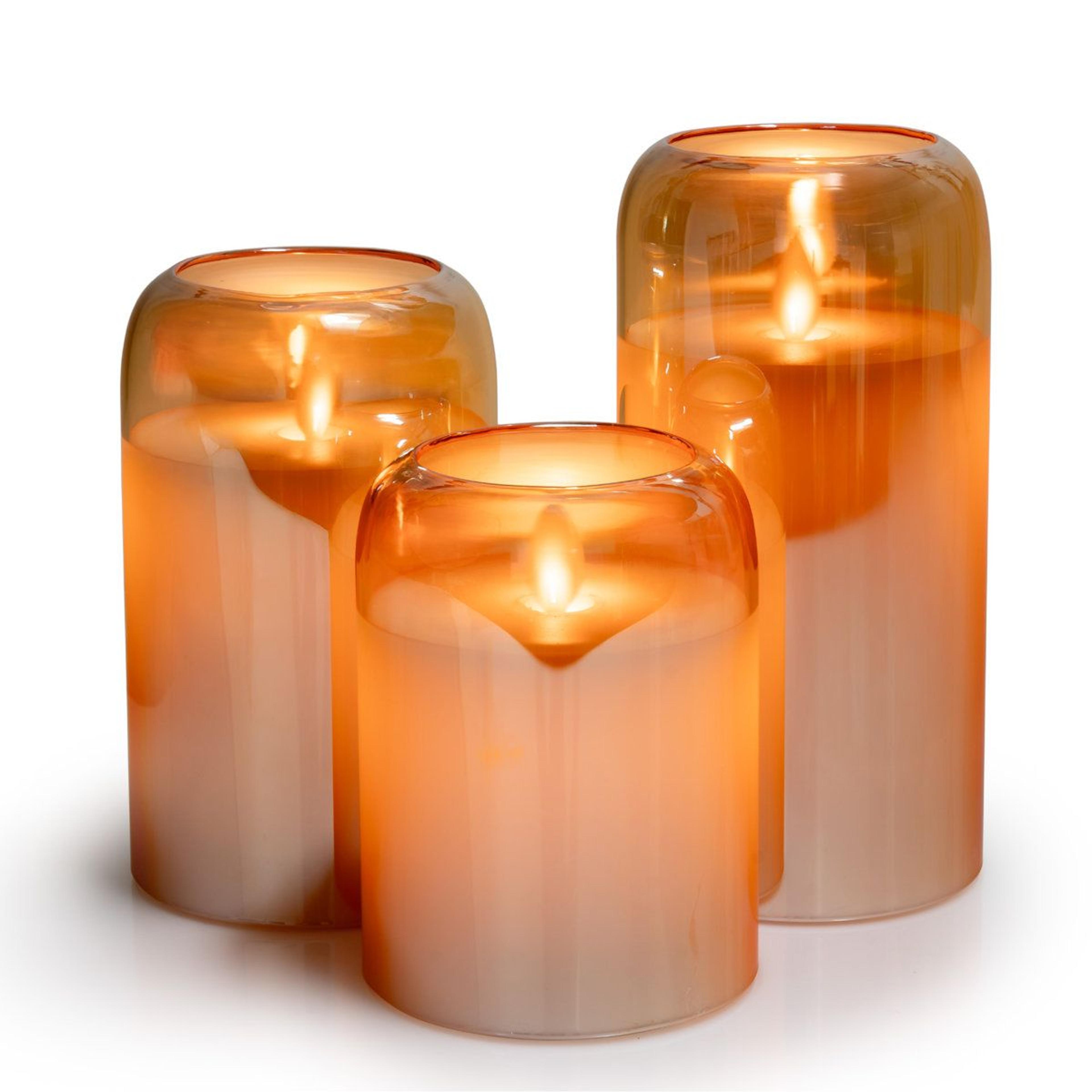 led mirrored glass flameless pillar candles with moving wick remote and timer set of 3