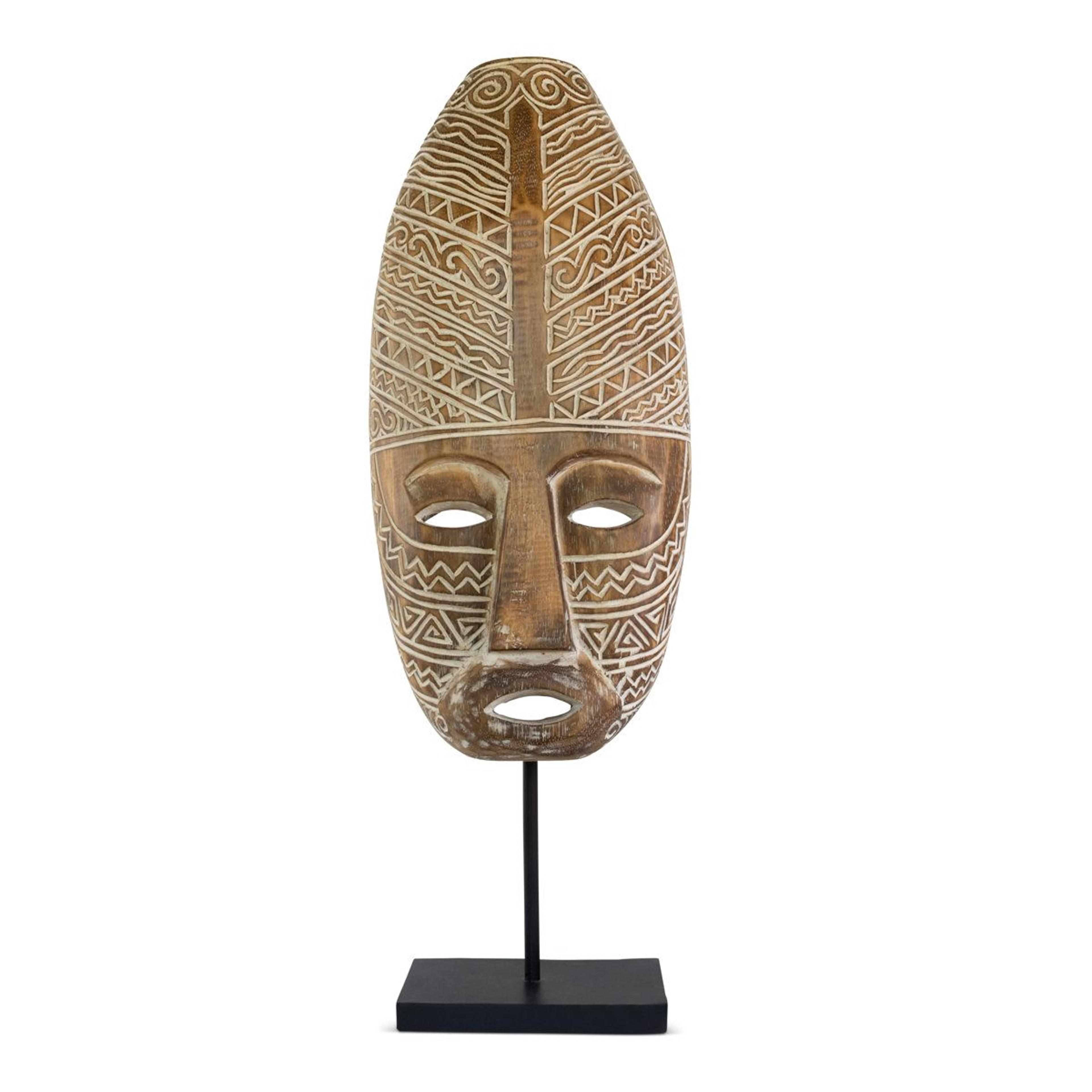 hand carved wooden tribal mask sculpture on iron stand 21.5 inch decorative figurine