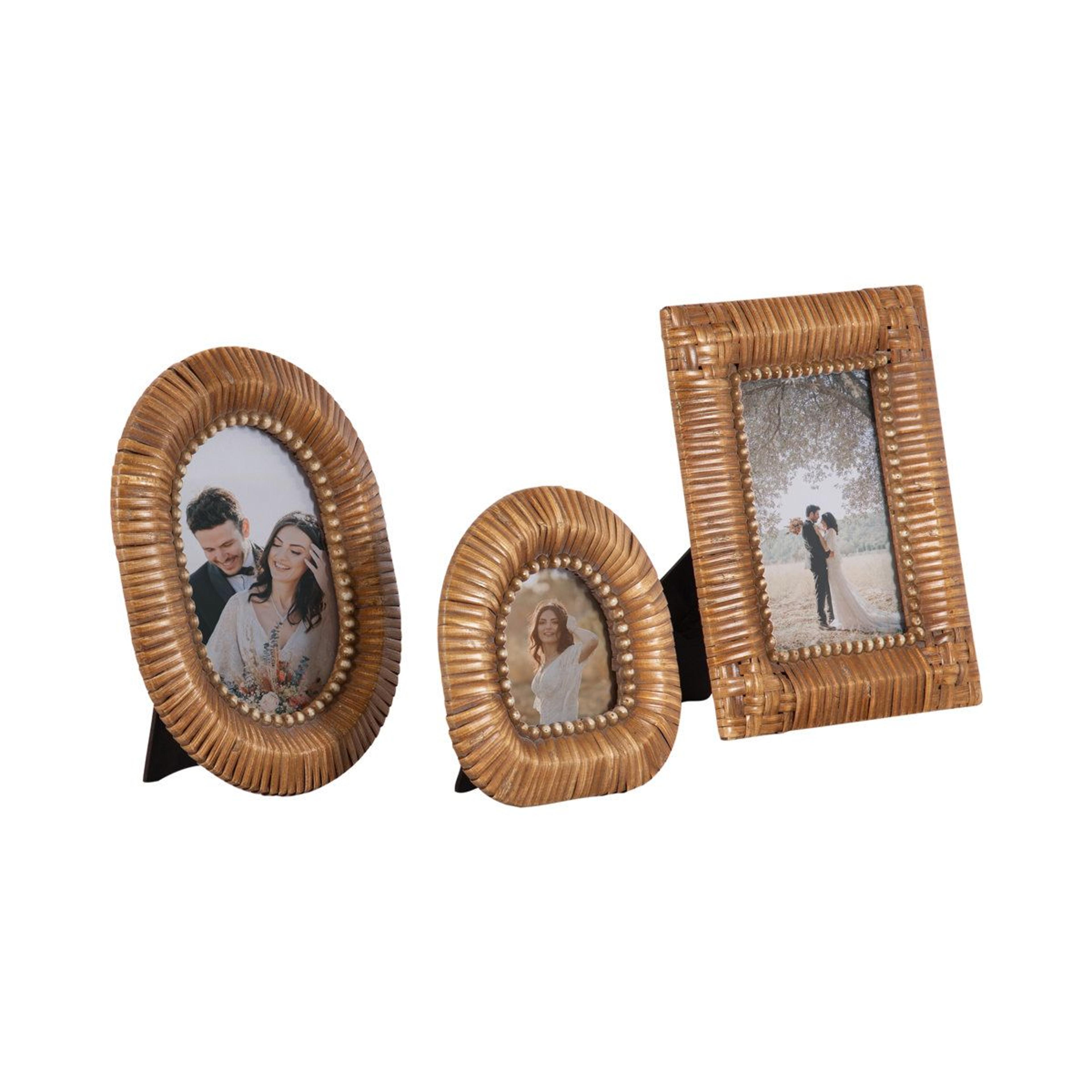rattan picture frame set of 3 with glass protectors and tabletop easels