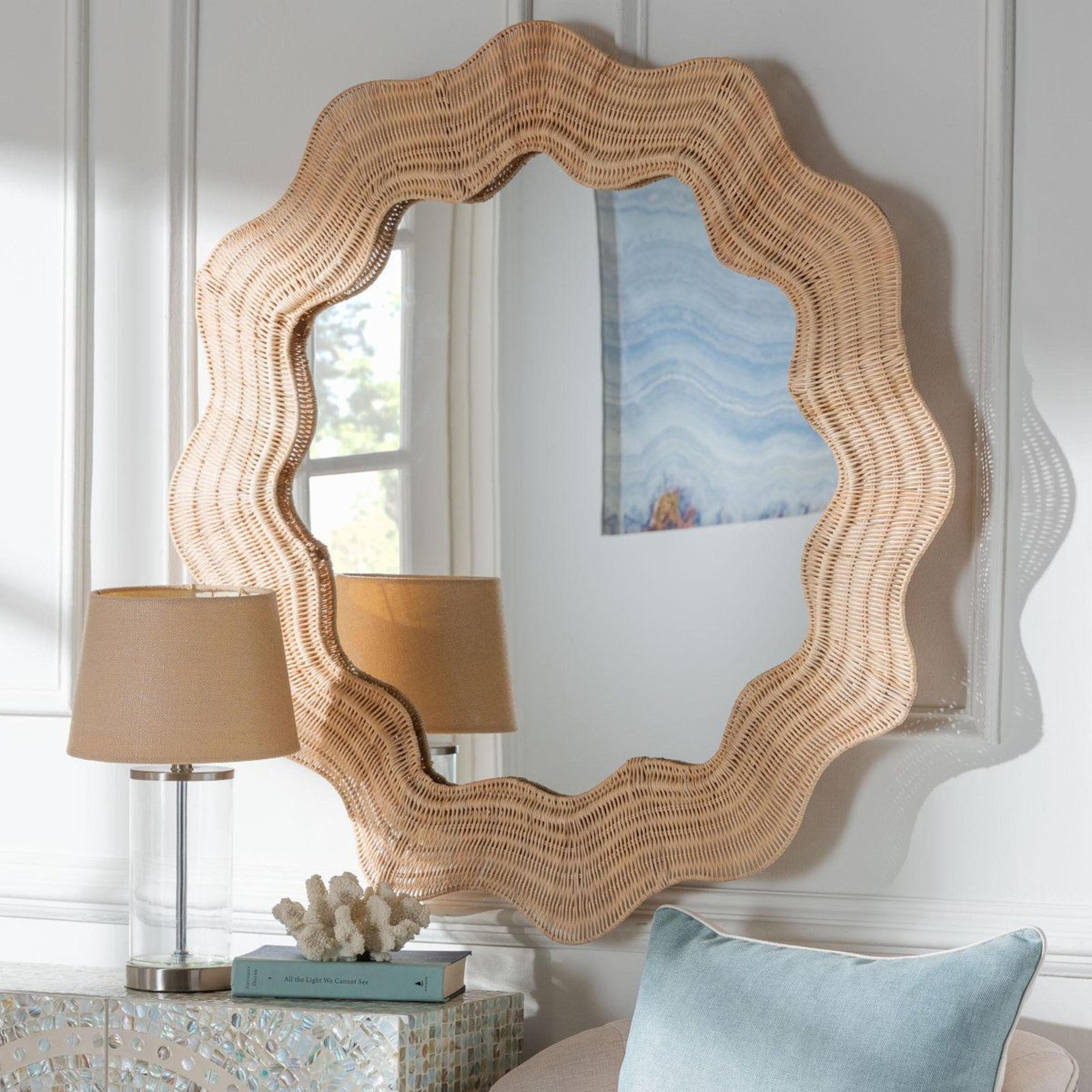 natural rattan scalloped round accent wall mirror