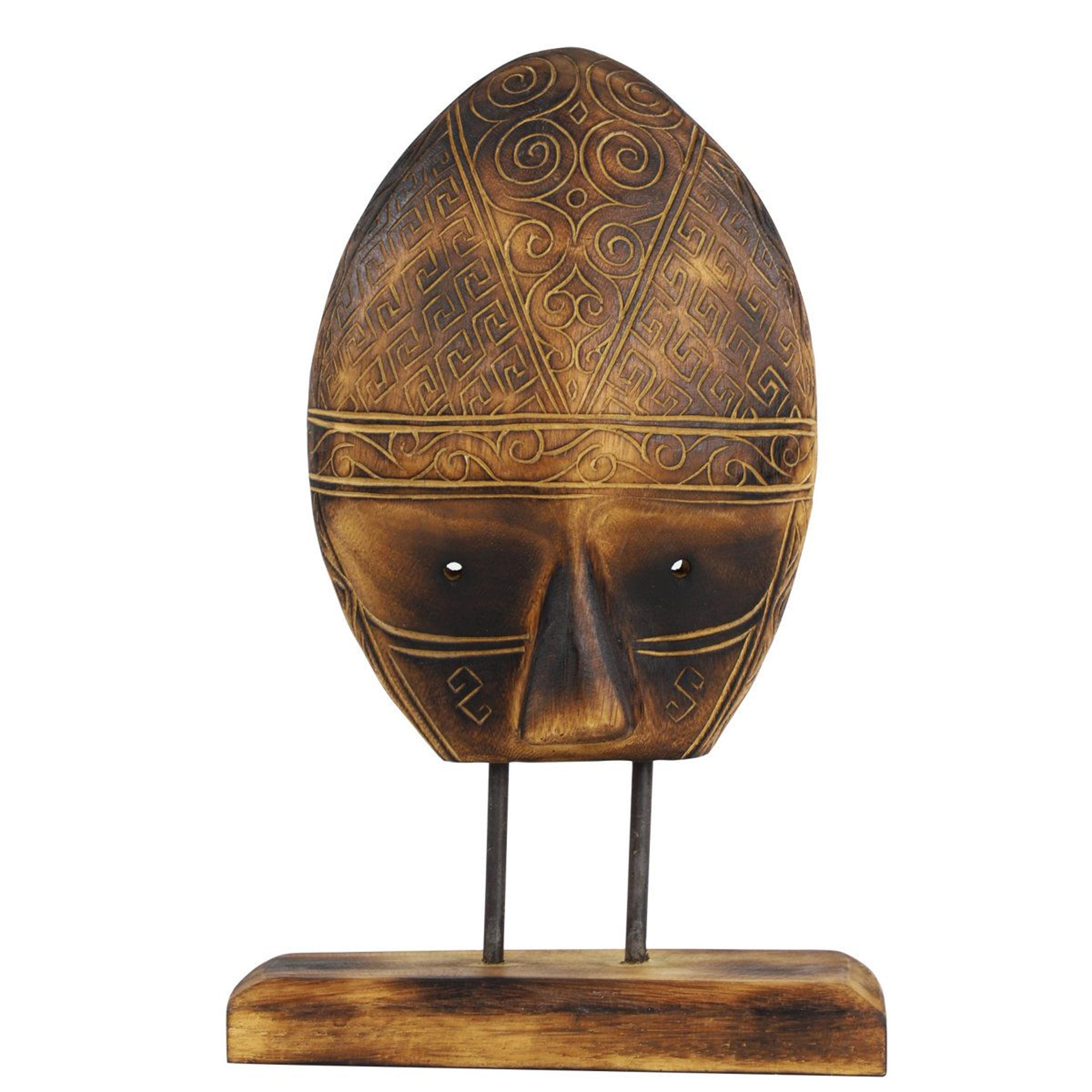 abstract reclaimed teak wood mask sculpture with charred finish and stand