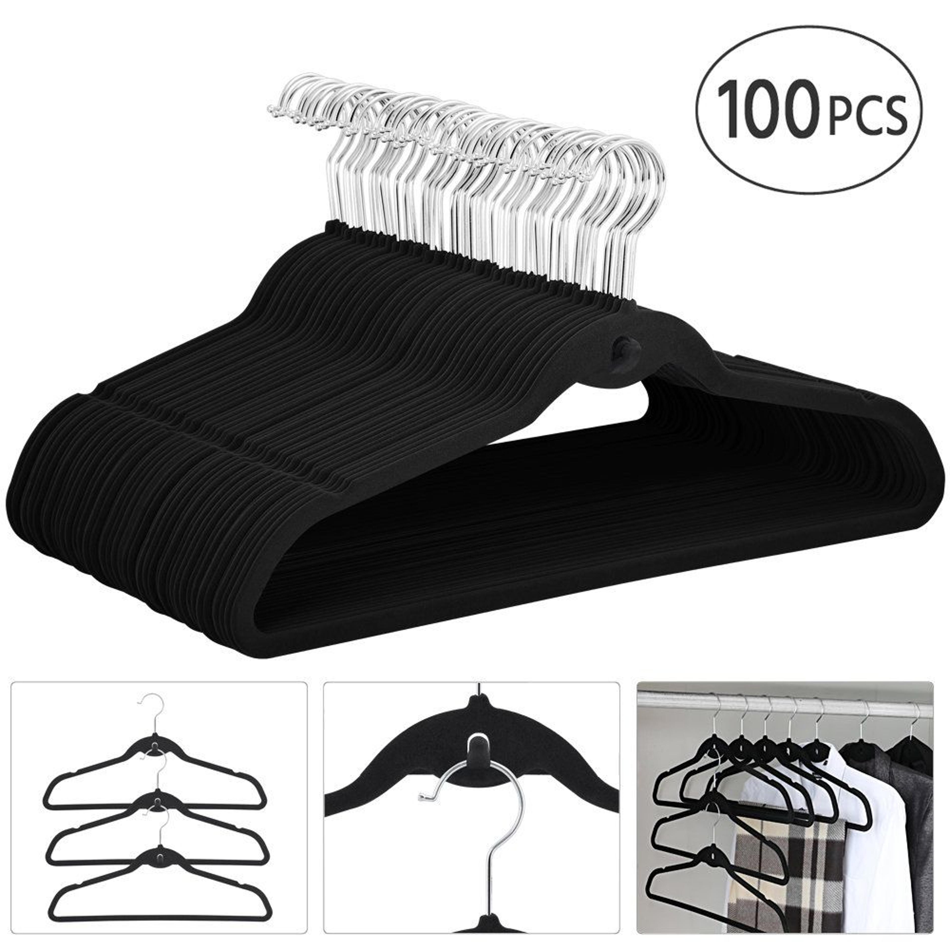 100 piece non-slip velvet hangers with swivel hooks and slim space-saving design