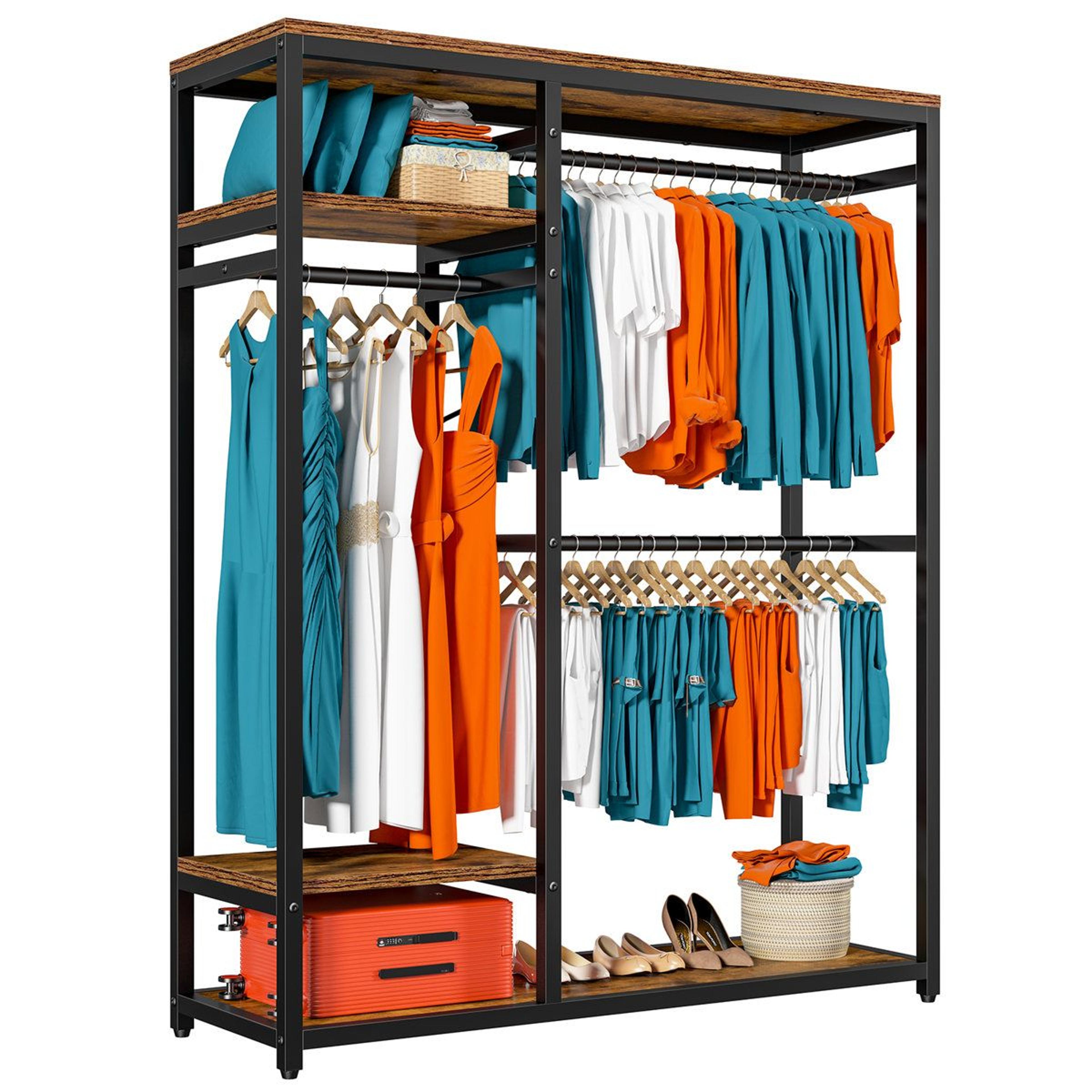 freestanding clothing rack with shelves 3 hanging rods and 400 lb capacity
