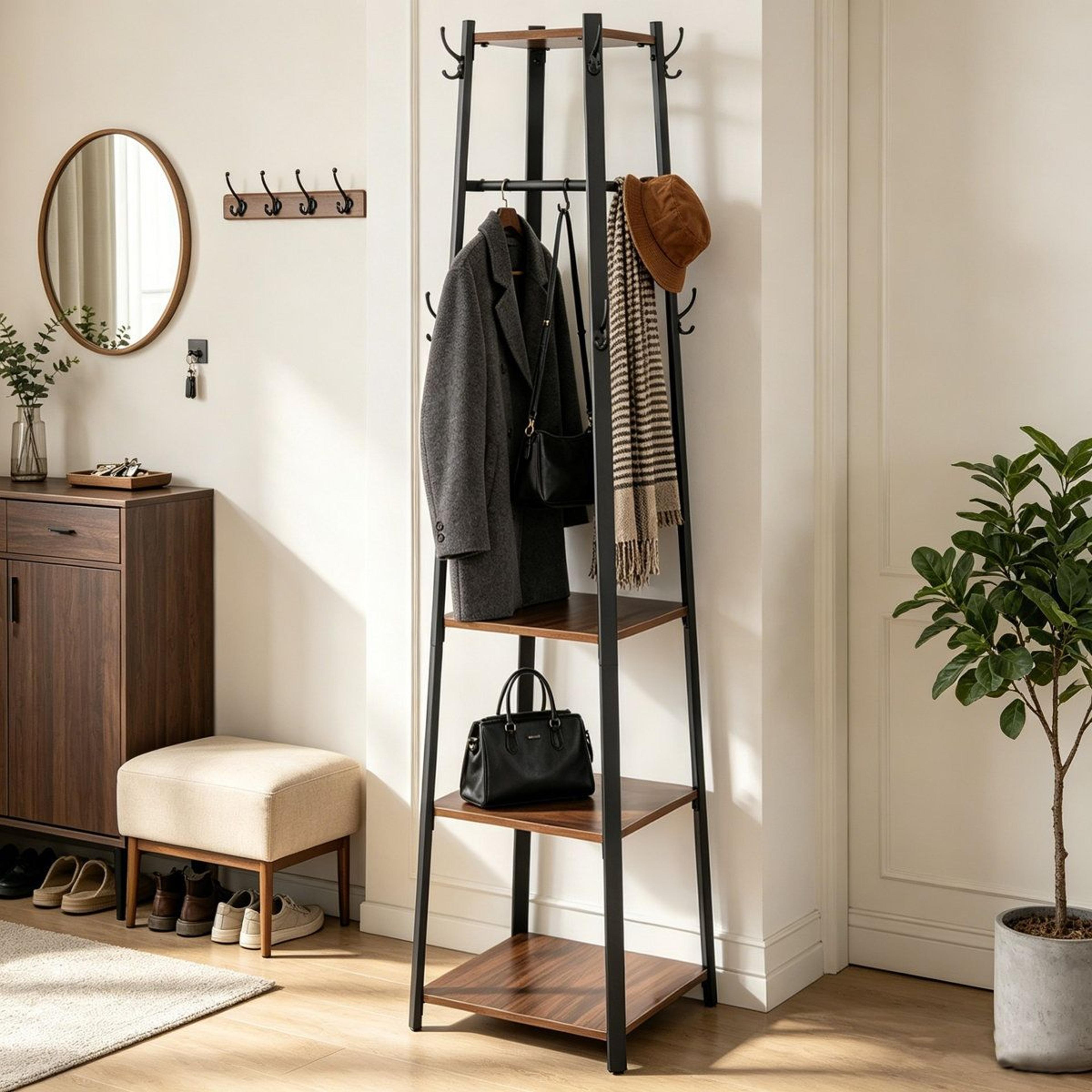 8-hook coat rack with 3-tier storage shelves and clothing rod