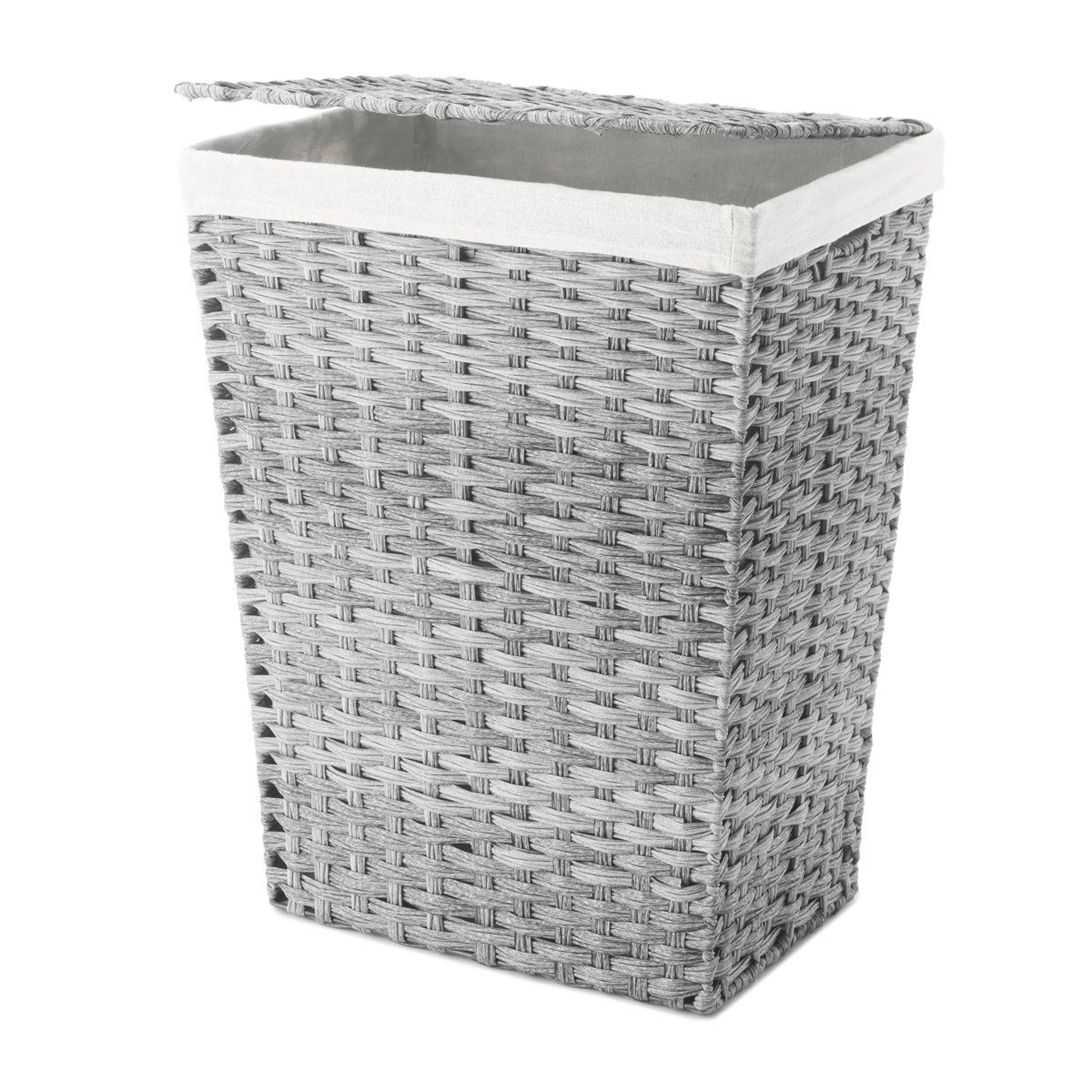 gray lidded laundry hamper with removable liner and carrying handles