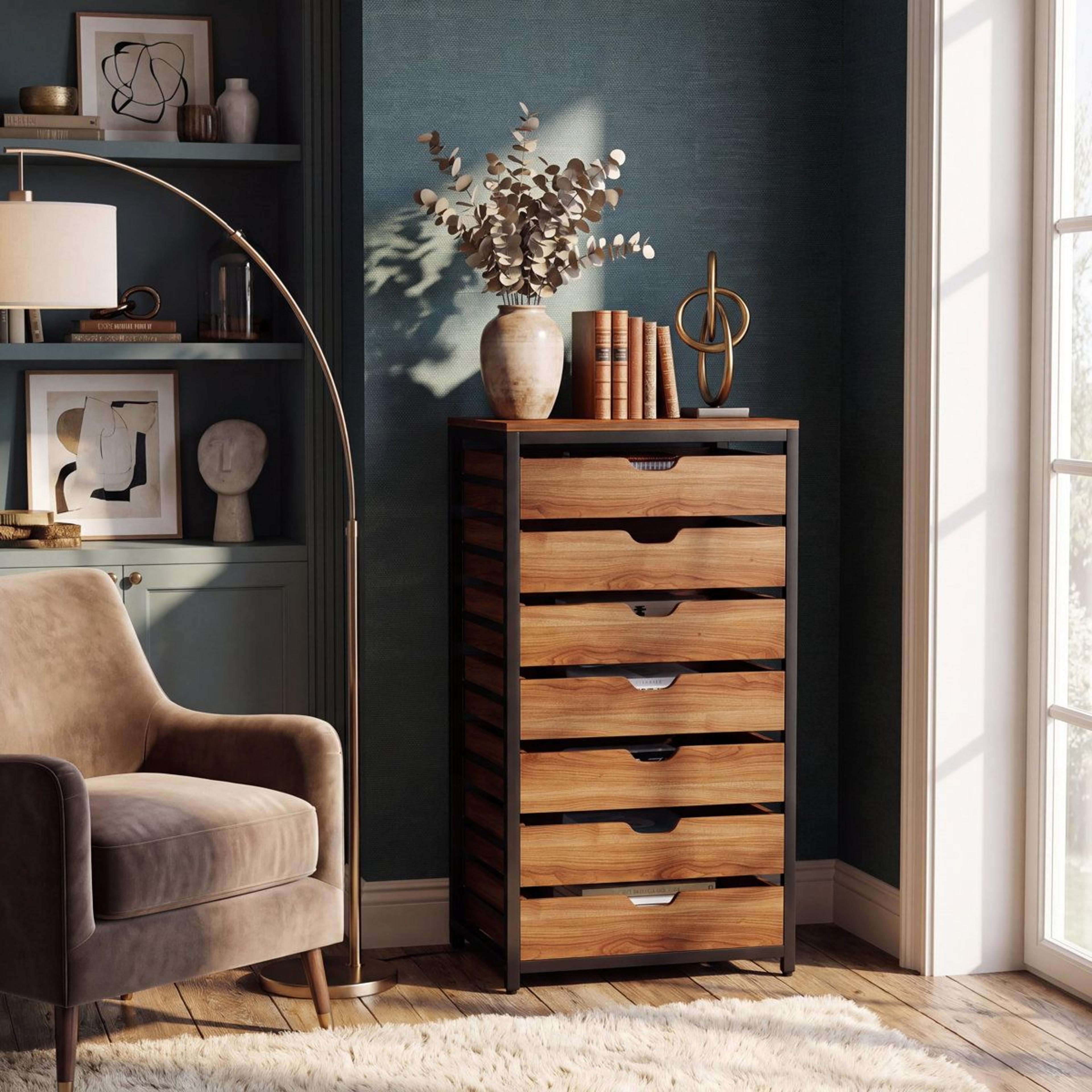 7 drawer rolling storage cabinet with locking wheels and metal frame