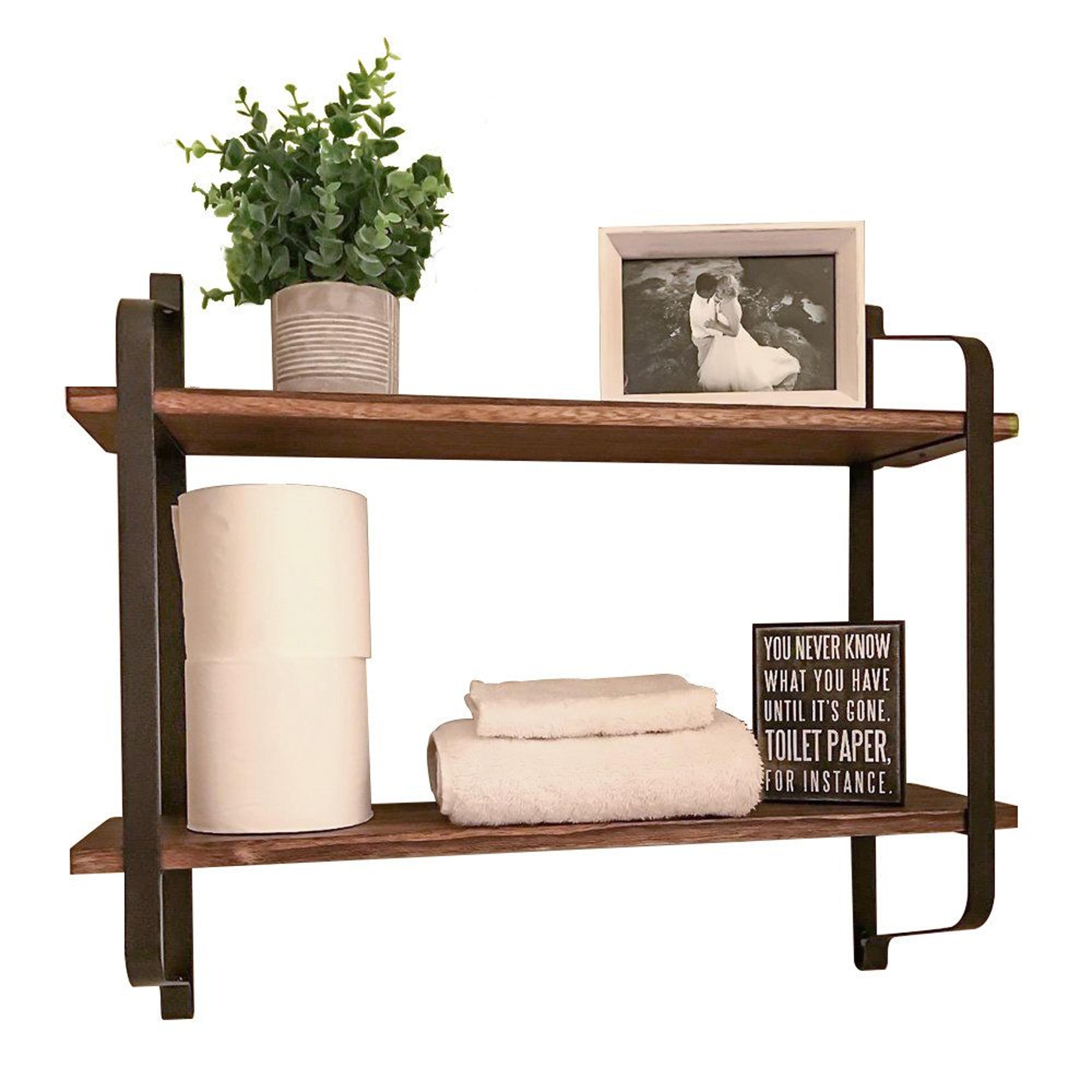 2-tier pine floating wall shelf with black metal brackets