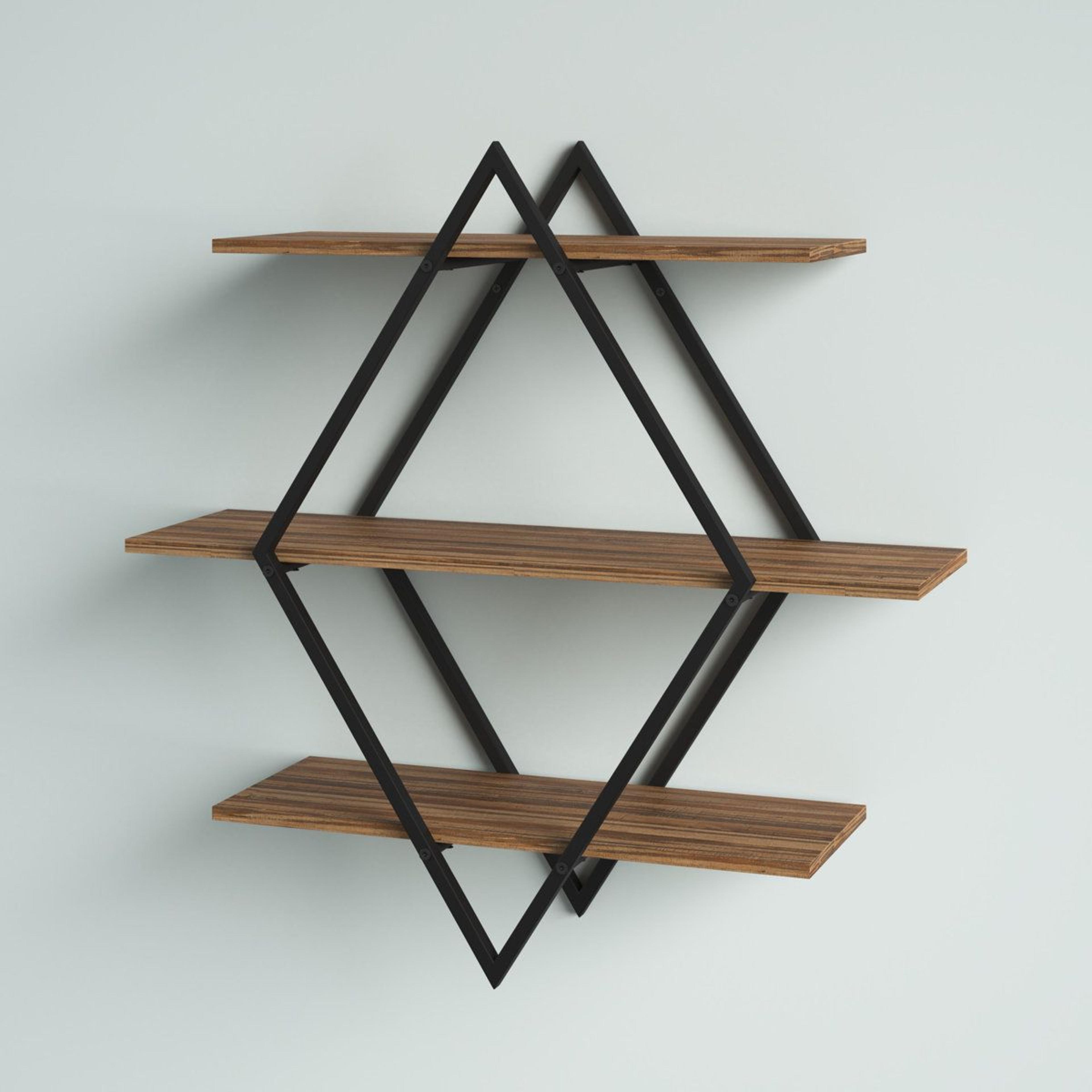 diamond 3 tier floating wall shelf with distressed wood finish