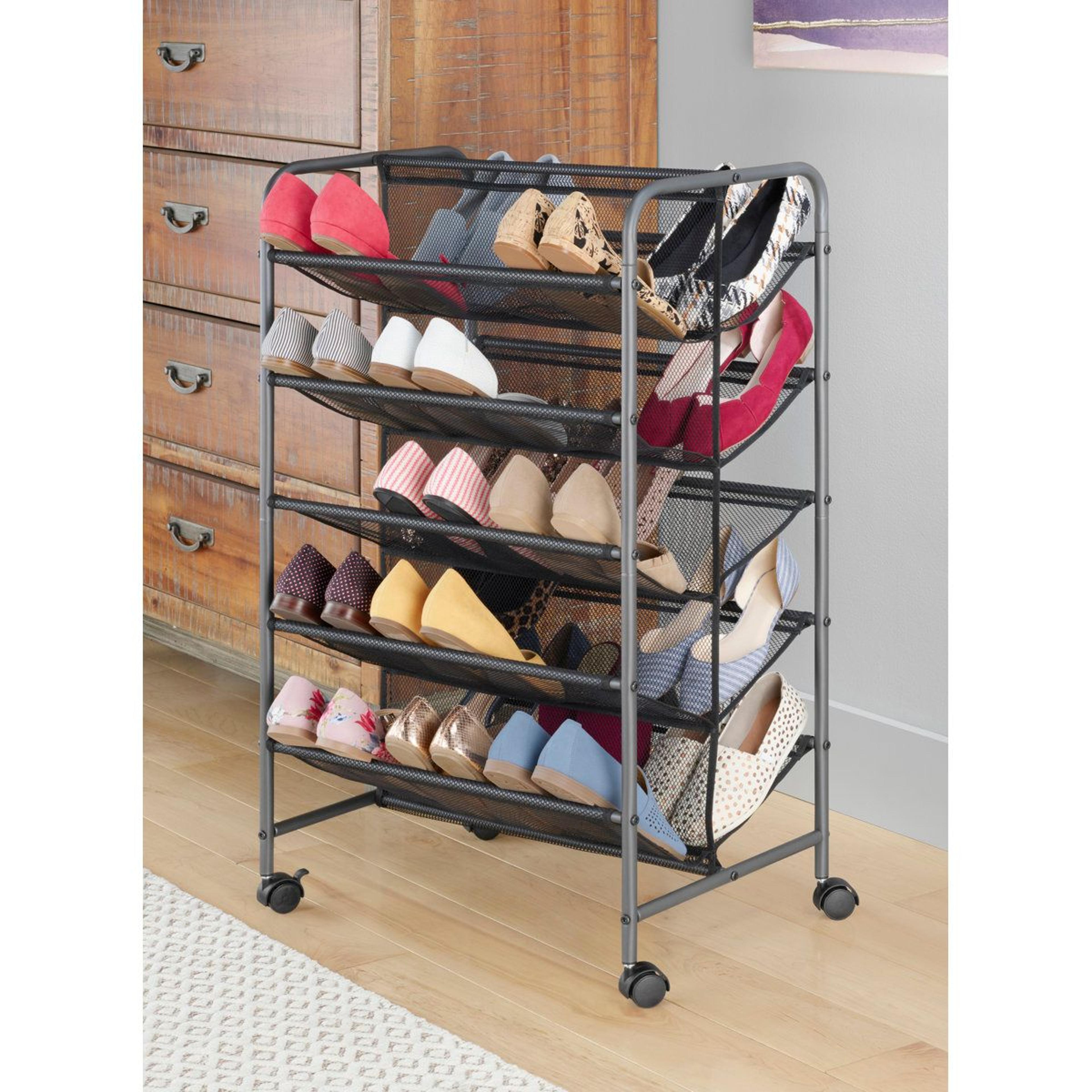 15 pair fabric shoe rack with 5 tier shelves and closed back