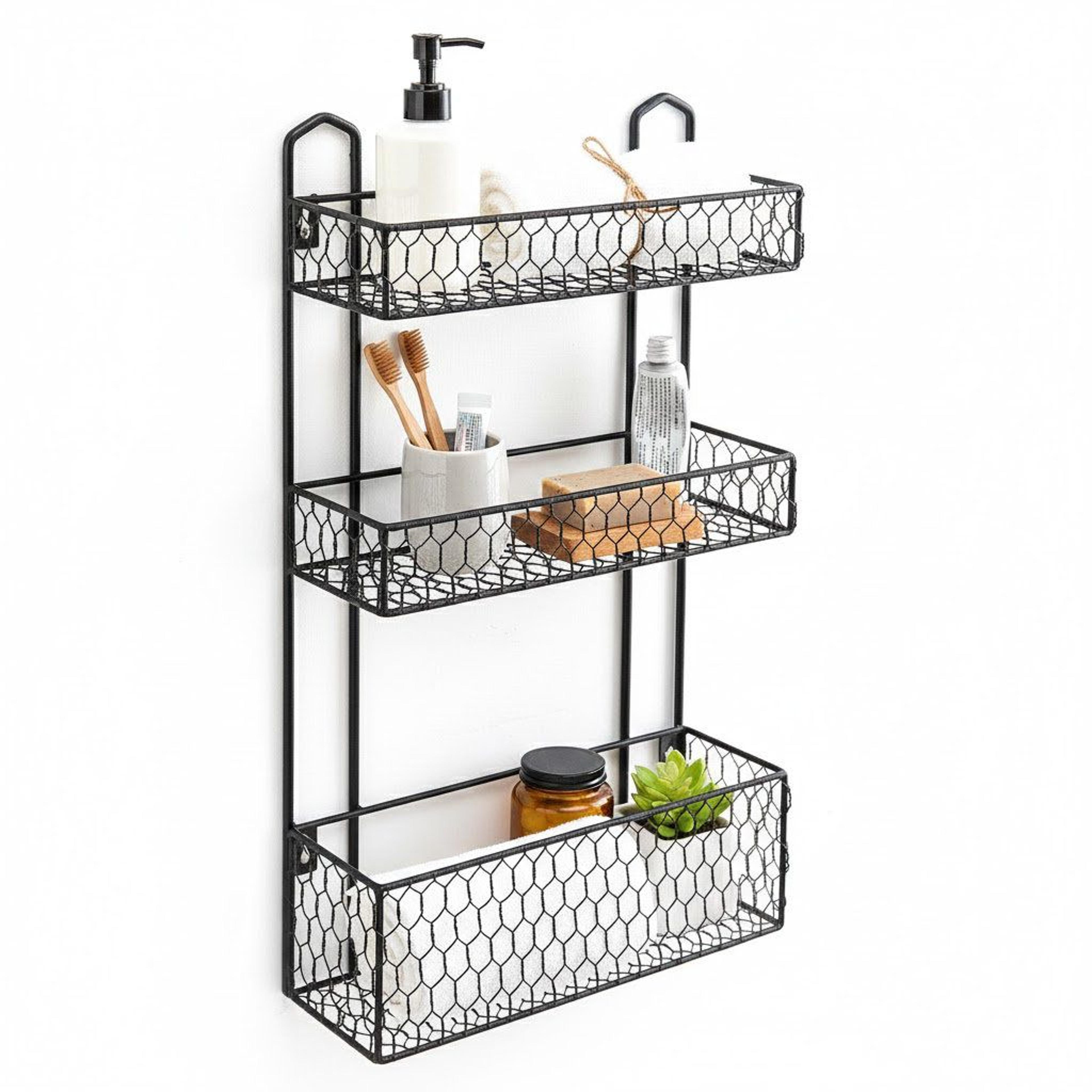 3-tier metal bathroom shelves wall-mounted black wire organizer