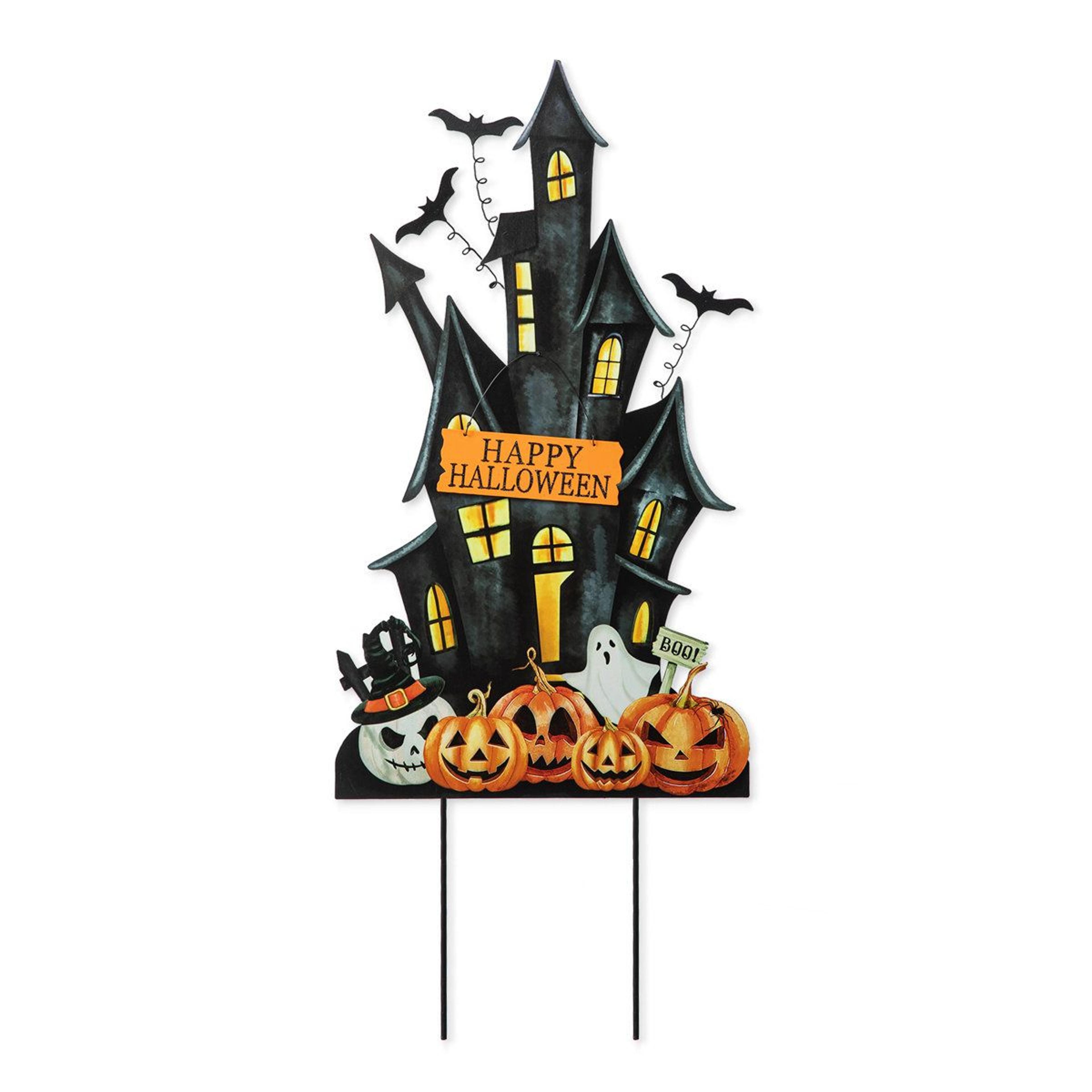 32 inch halloween haunted house metal yard stake with bats jack-o-lantern and hanging option