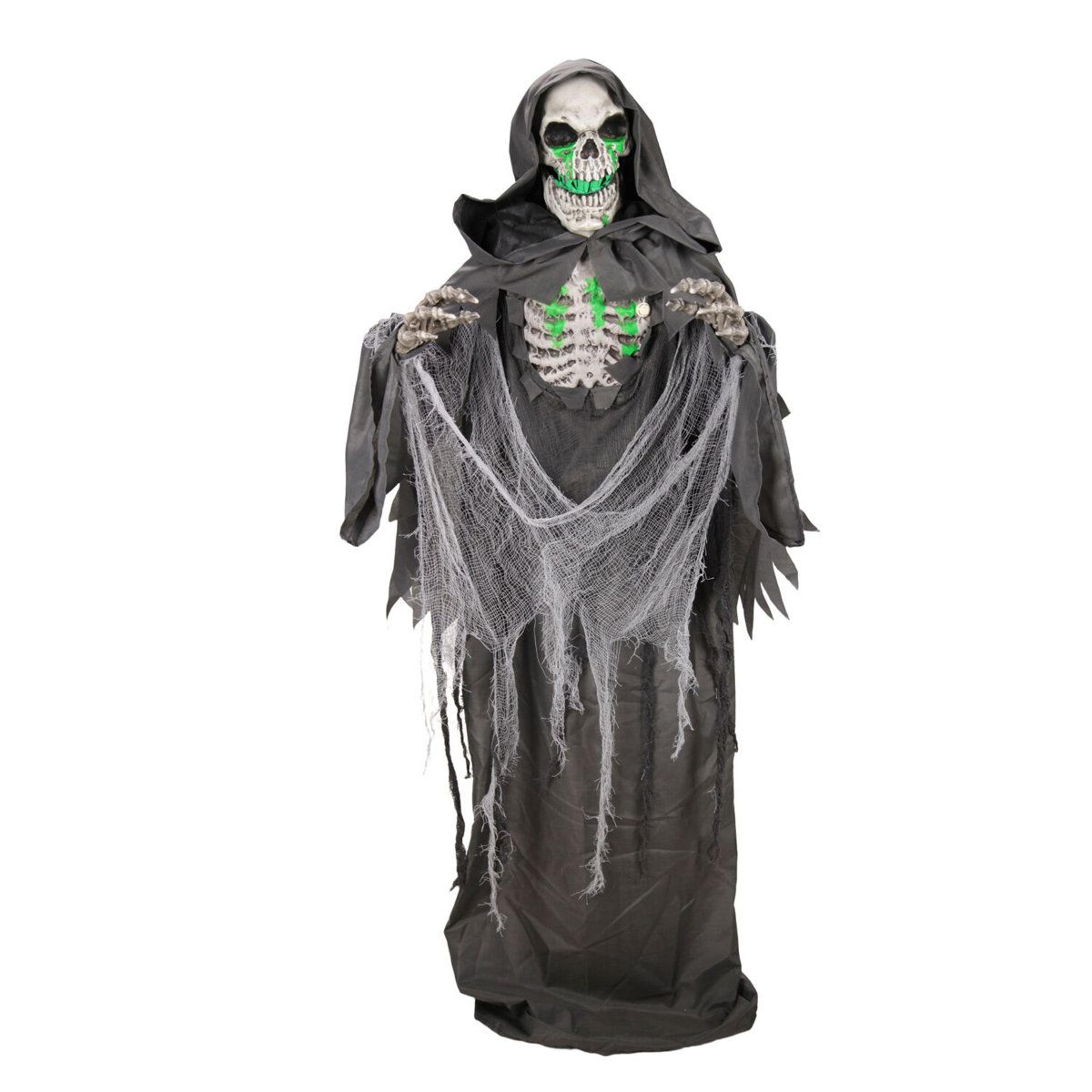 5.5 ft standing reaper halloween animatronic with moving mouth and green led light