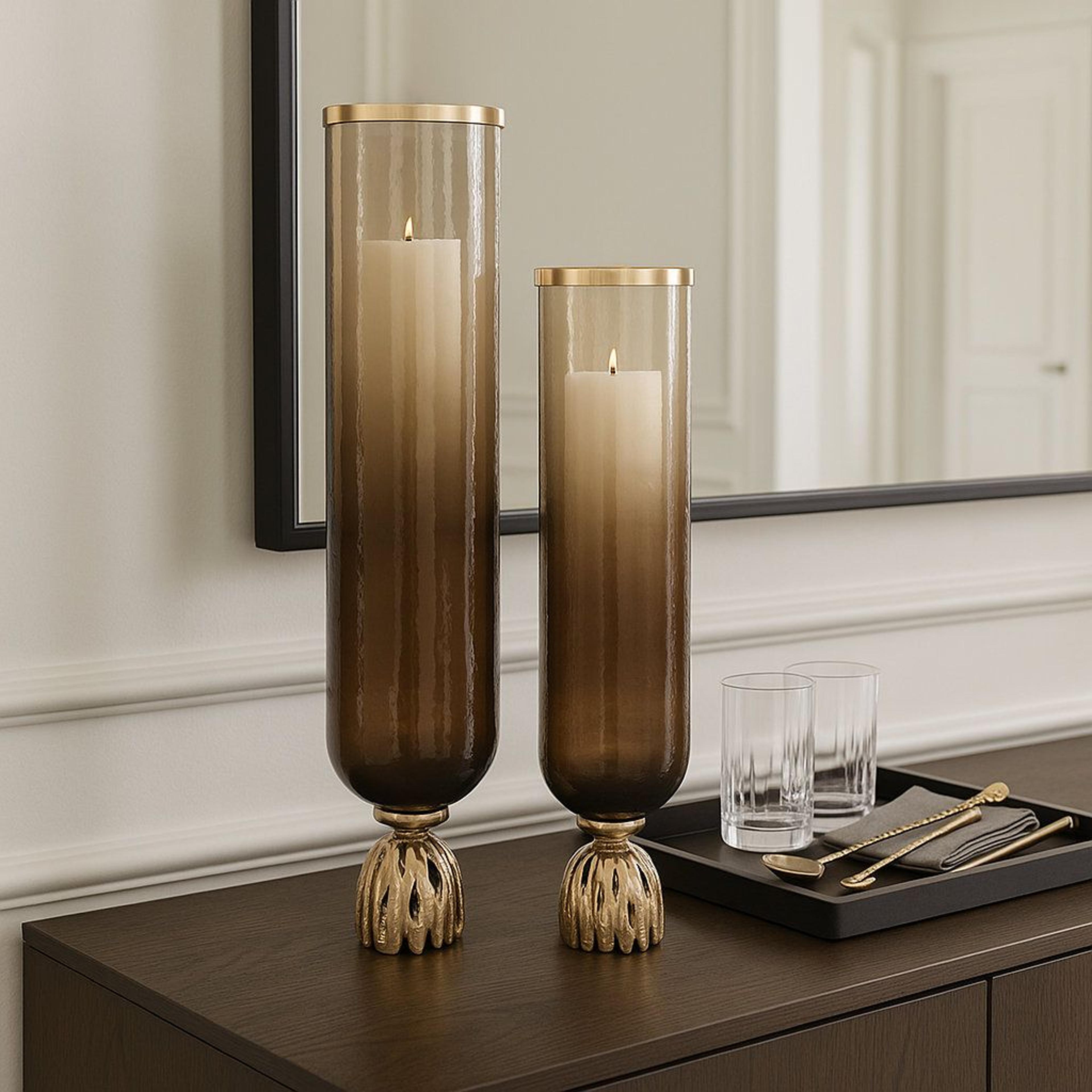 decorative glass hurricane candle holder set with gold aluminum base set of 2