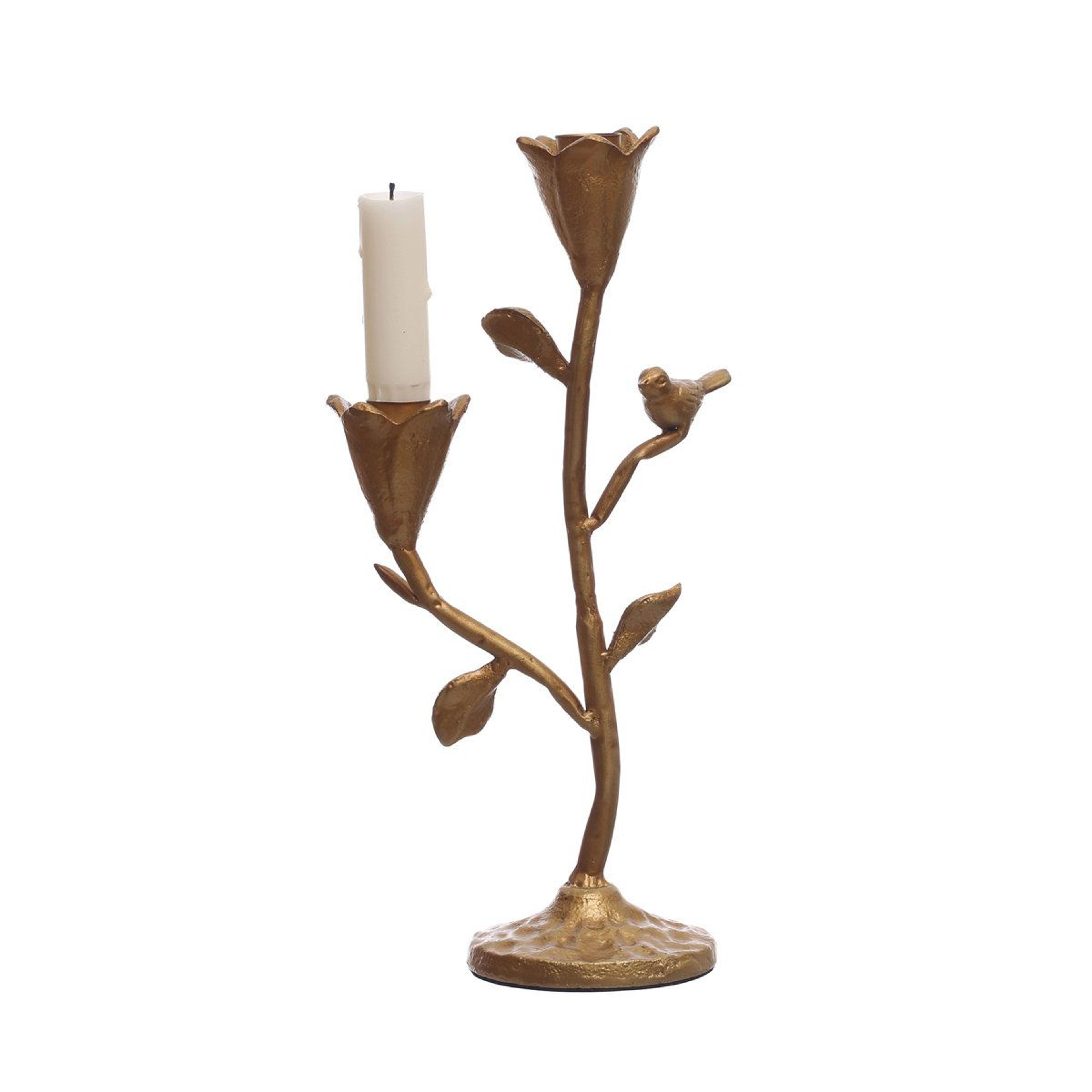gold cast iron candelabra with flower and bird design for 2 taper candles