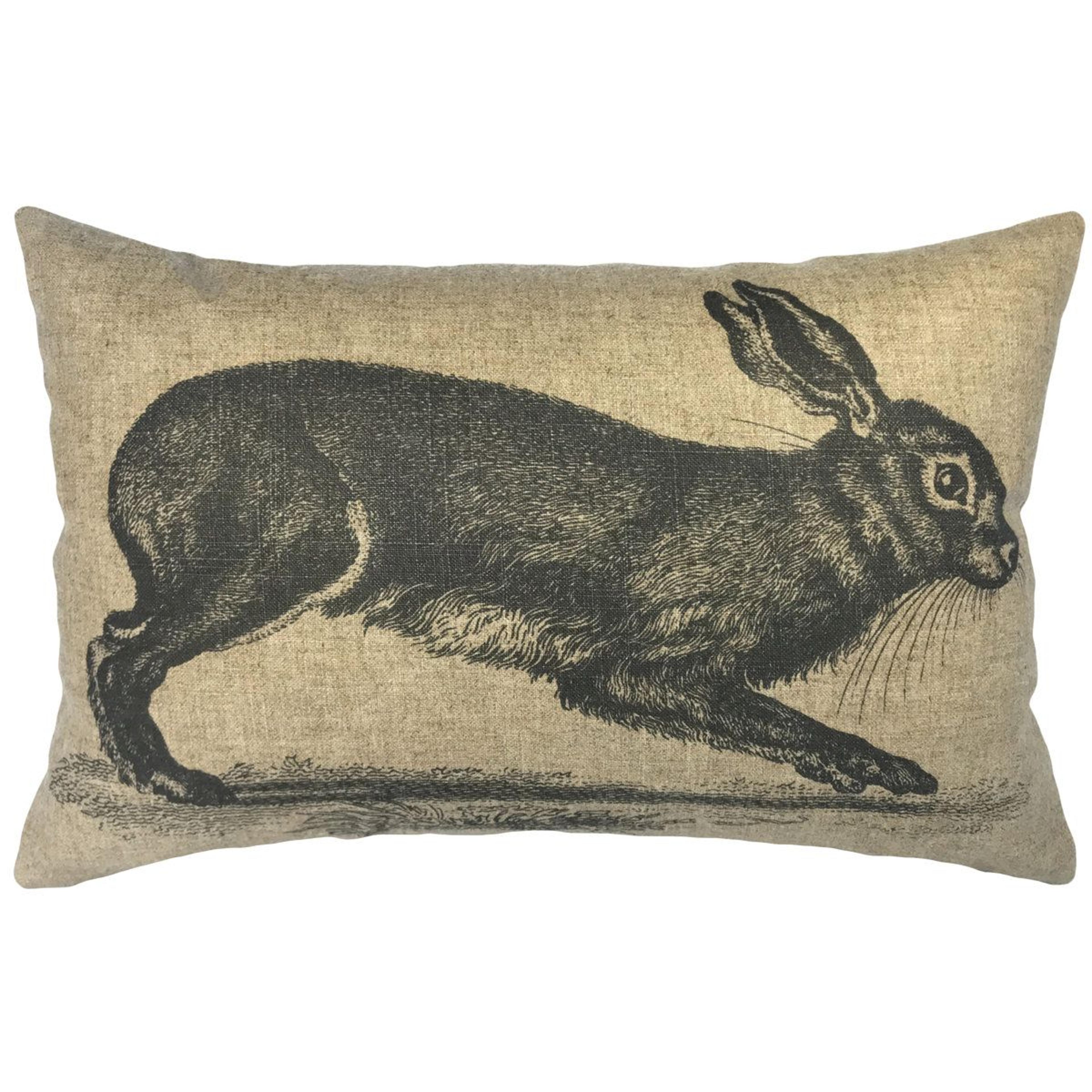 linen lumbar throw pillow with hare motif and zipper closure