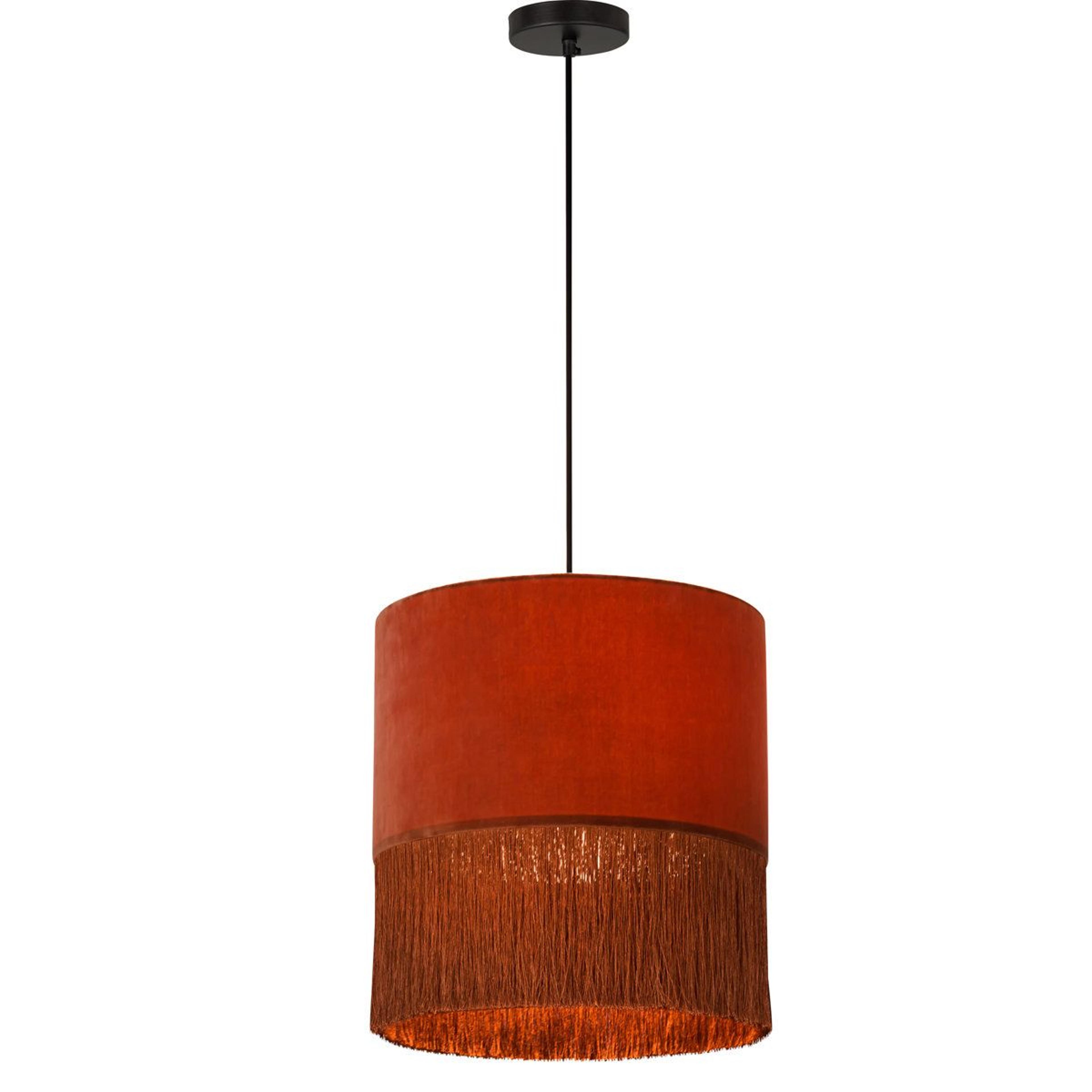 polished nickel single pendant light with red tasseled shade
