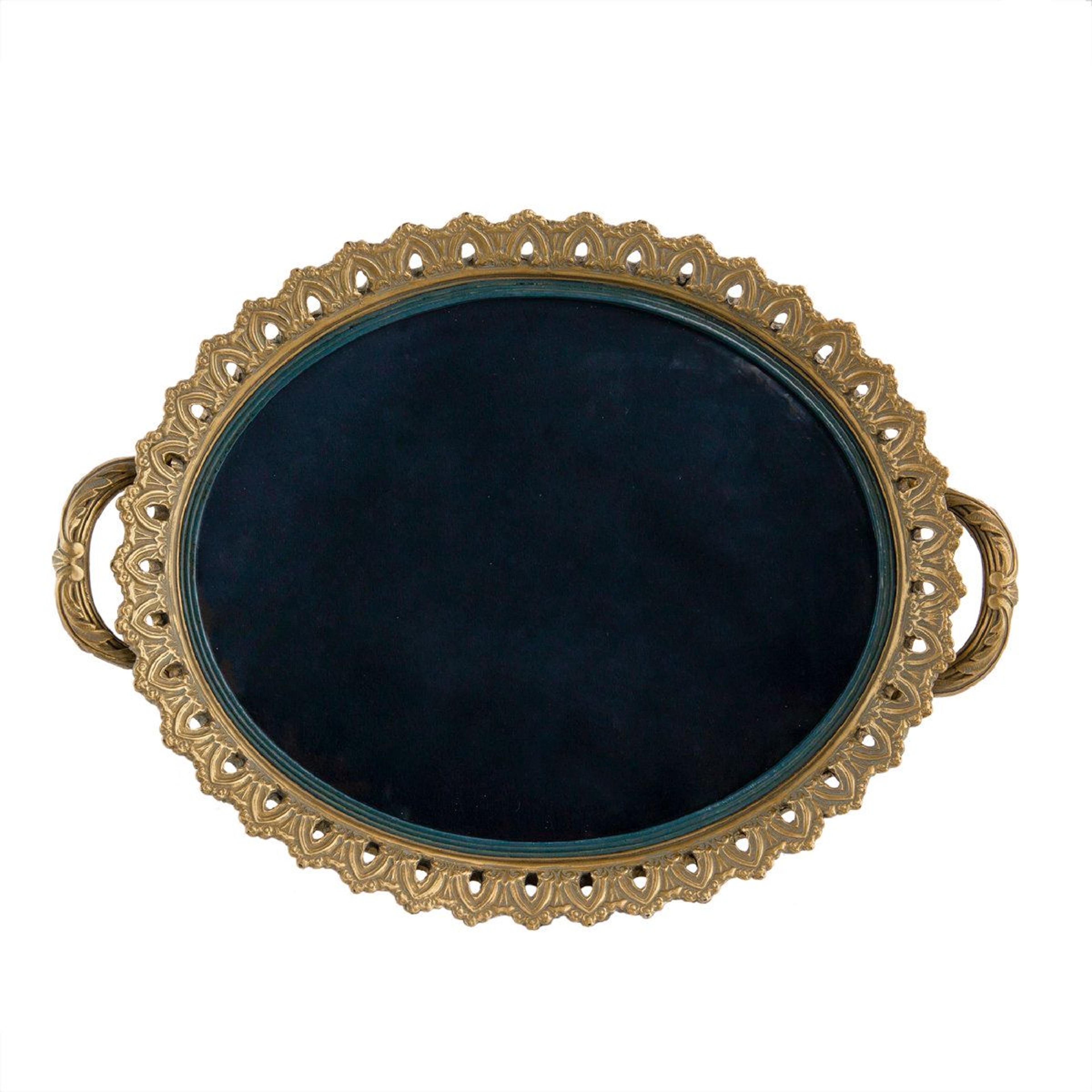 vintage oval decorative serving tray with handles in gold and black