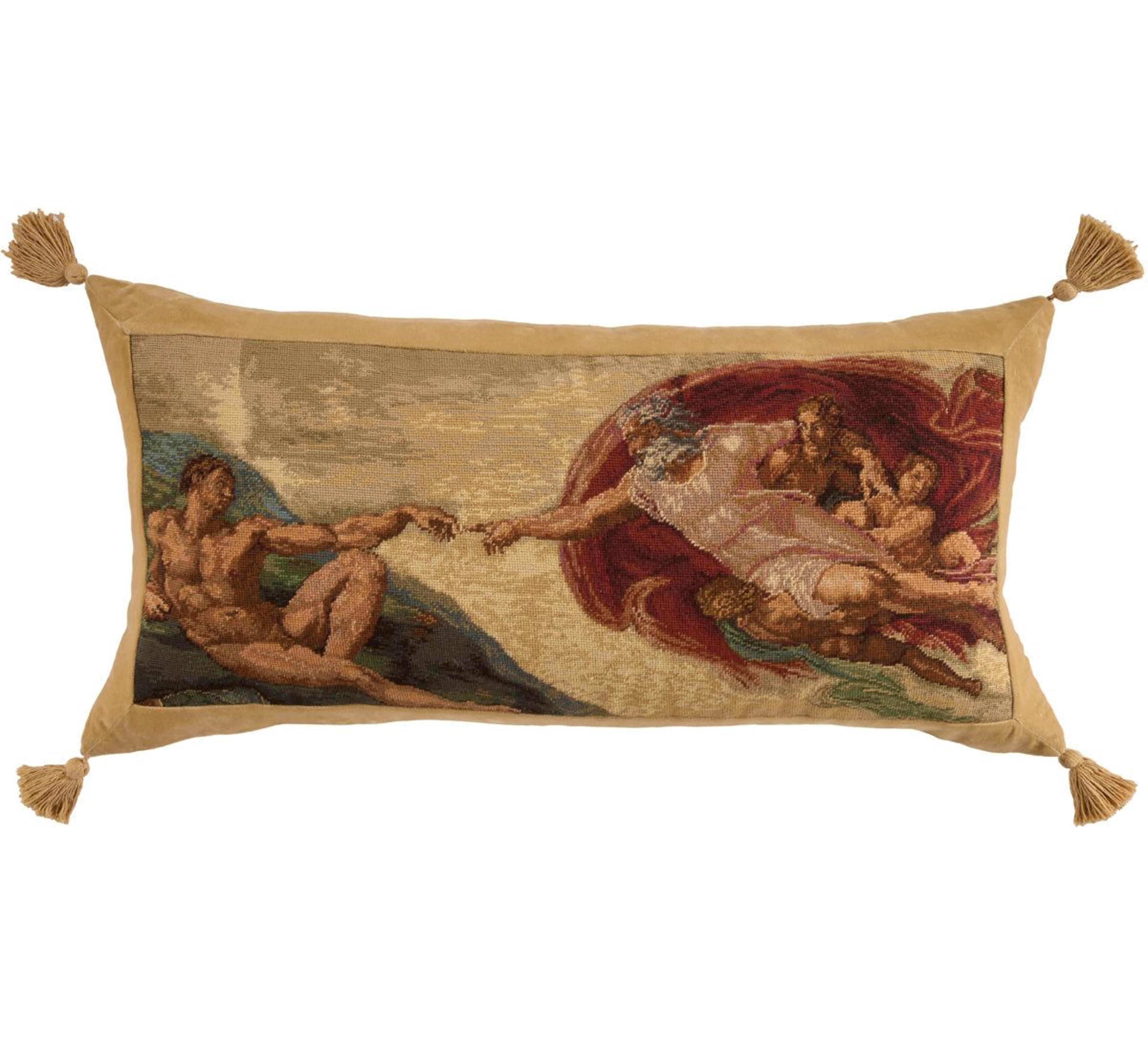 vintage michelangelo creation throw pillow with handstitched wool petit point