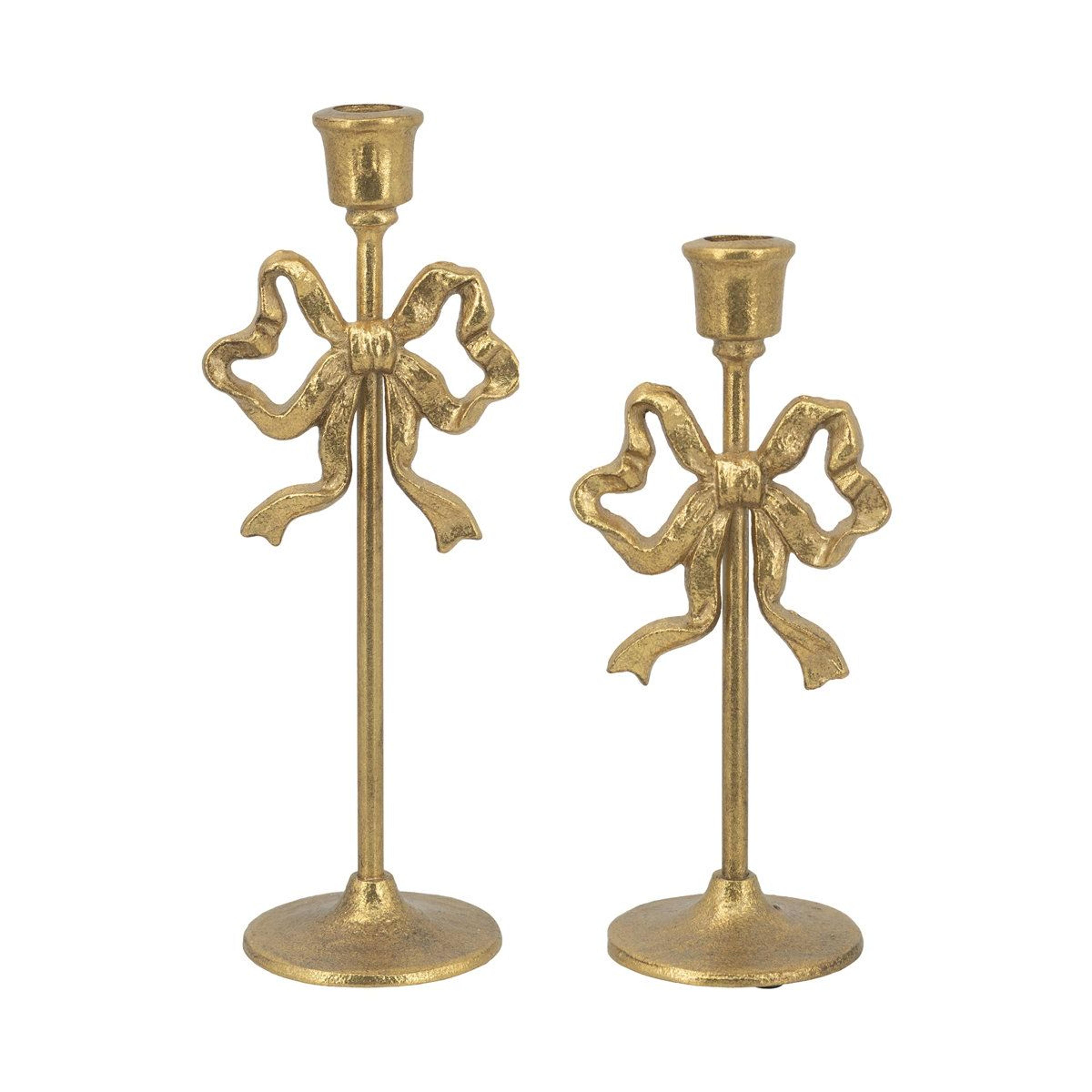 gold iron candlestick holders set of 2 with decorative bow design