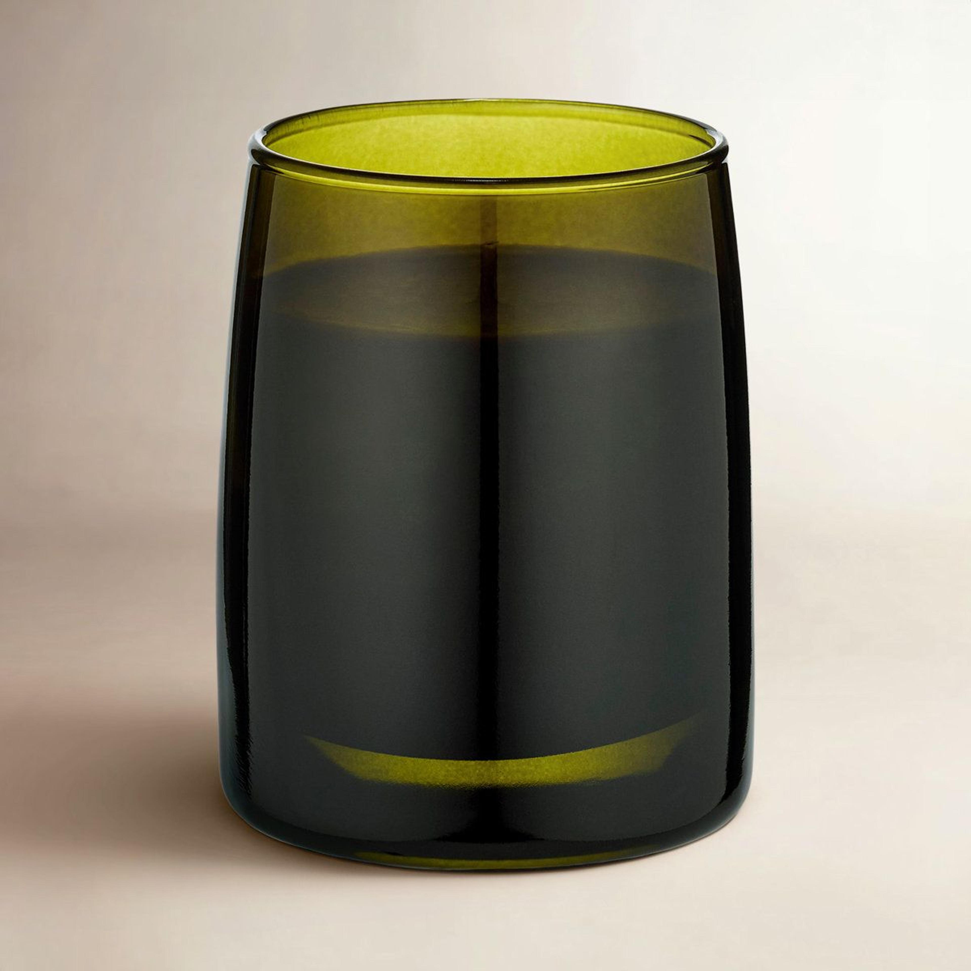 spiced pear scented soy candle in green glass holder