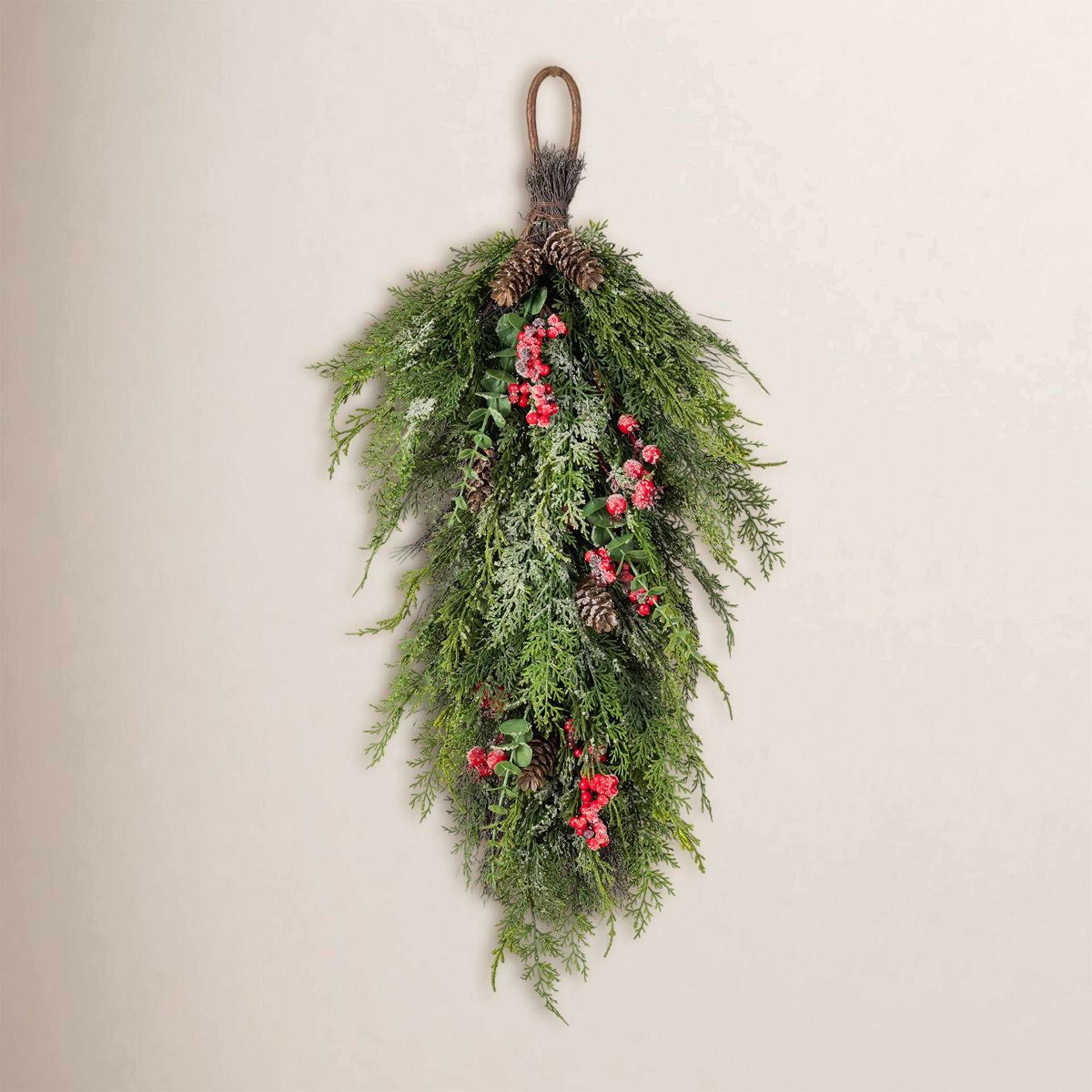 31.5 inch frosted christmas teardrop swag with pinecones and red berries