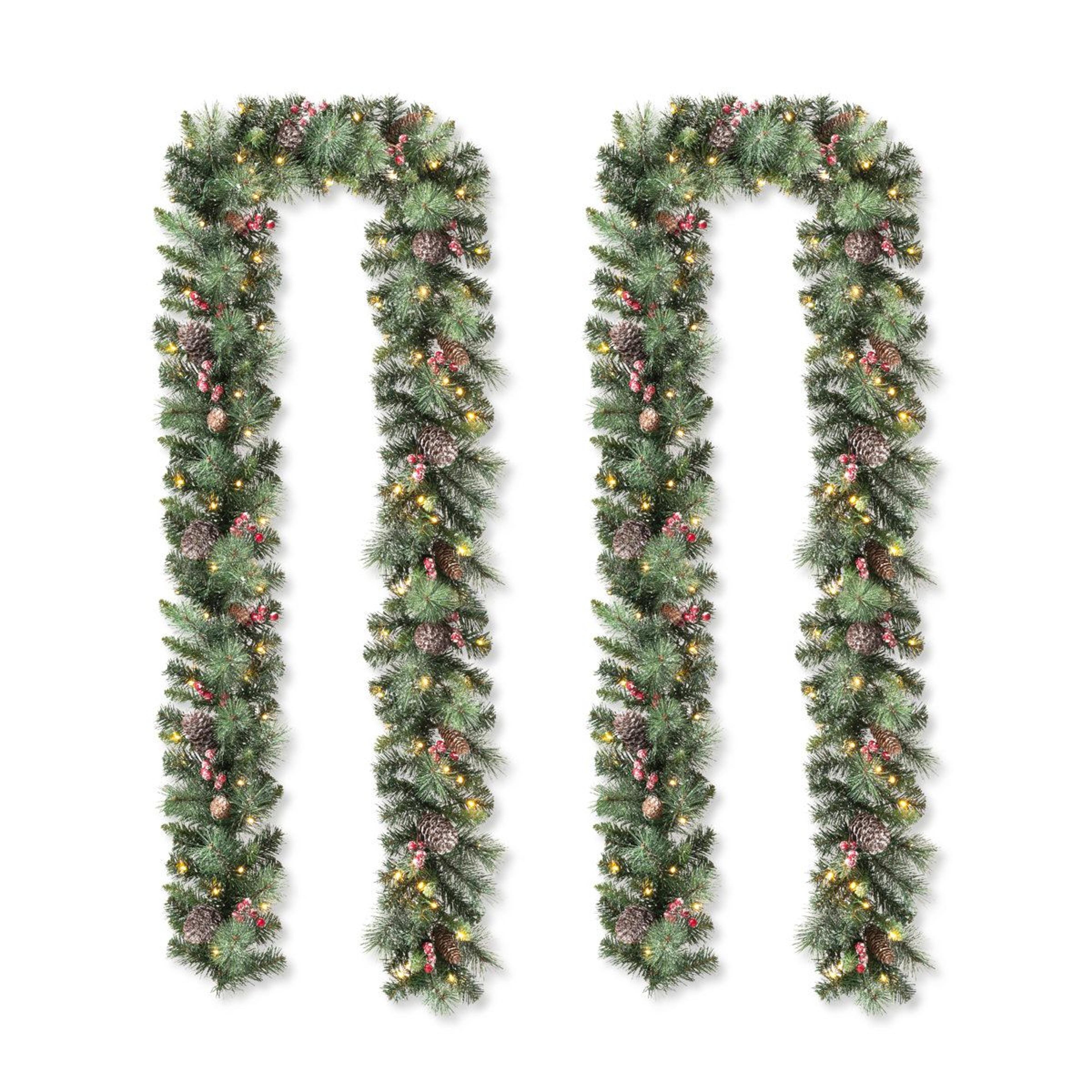 pre lit 6 ft christmas garland with warm white led lights timer and flocked greenery set of 2