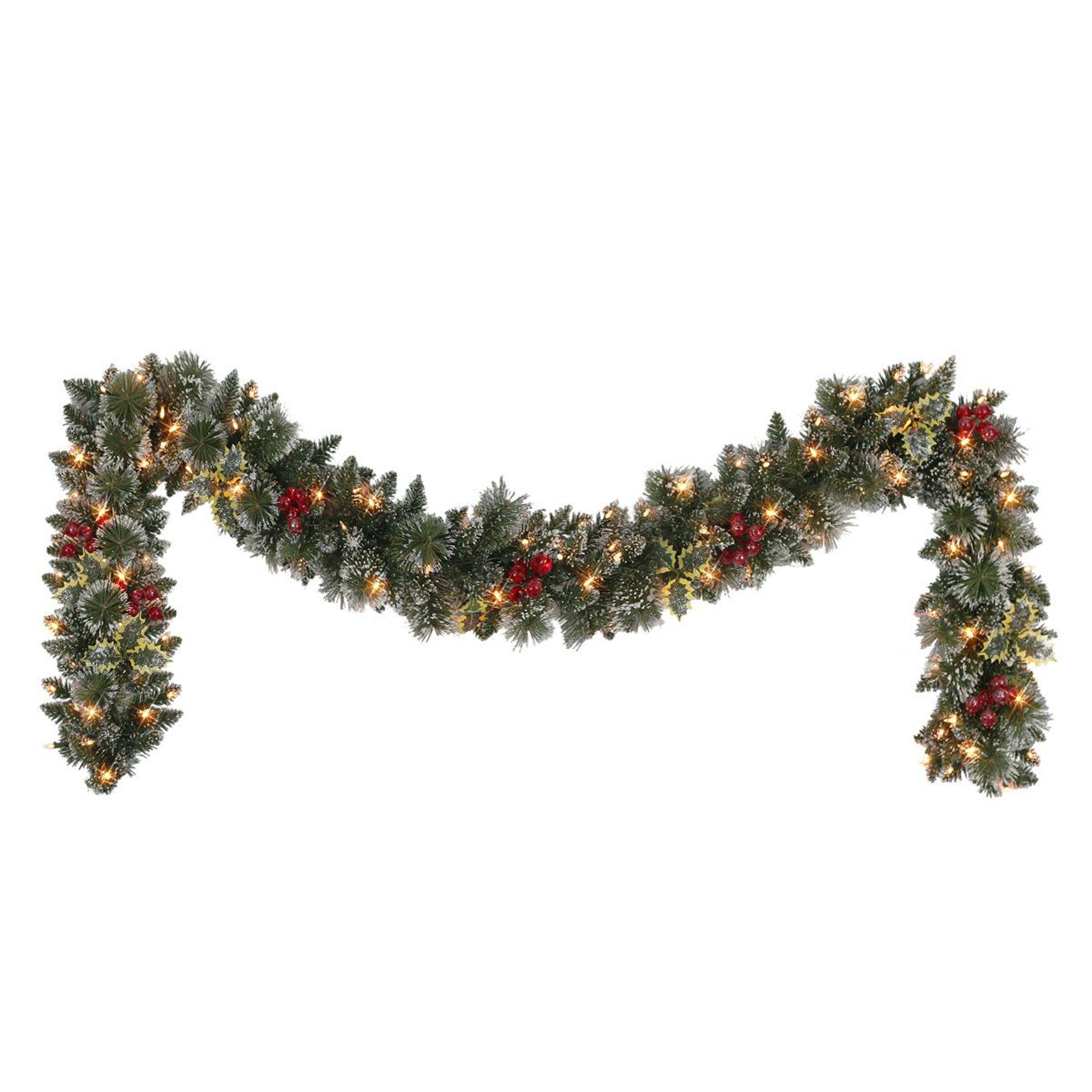 pre-lit faux pine christmas garland with warm white lights and red berries