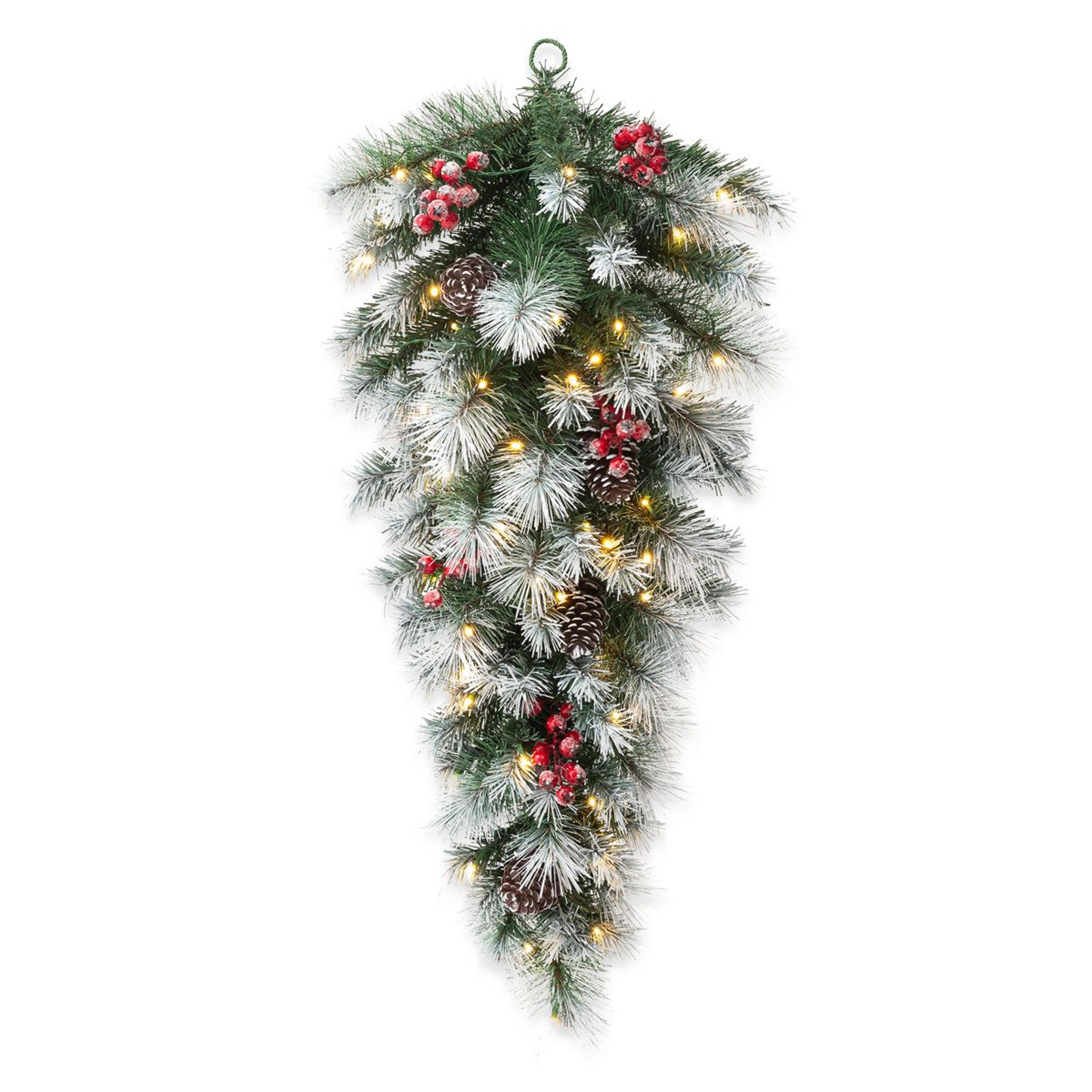 36-inch pre-lit frosted christmas swag with warm white led lights and red berries