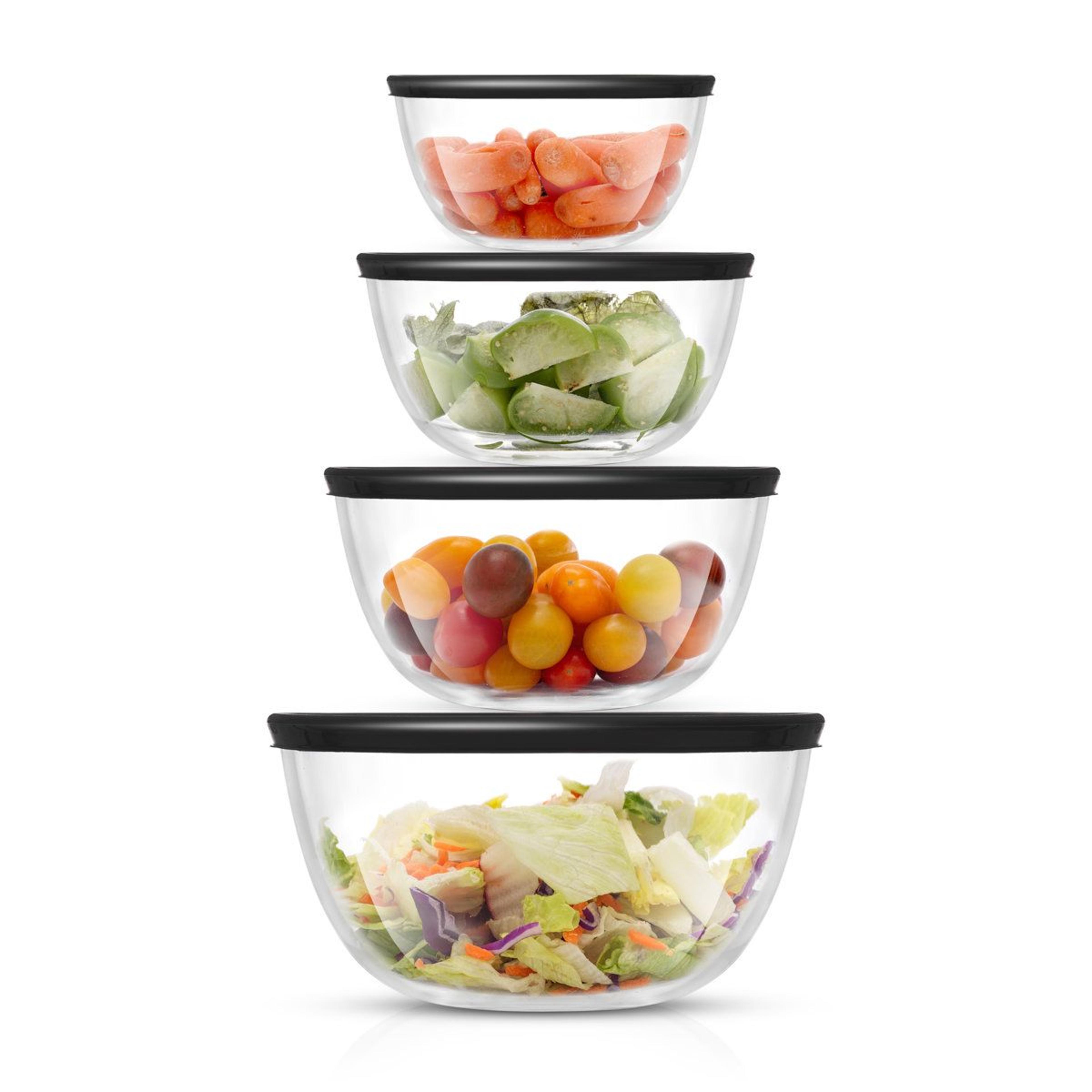 8-piece glass mixing bowl set with airtight lids and nesting design