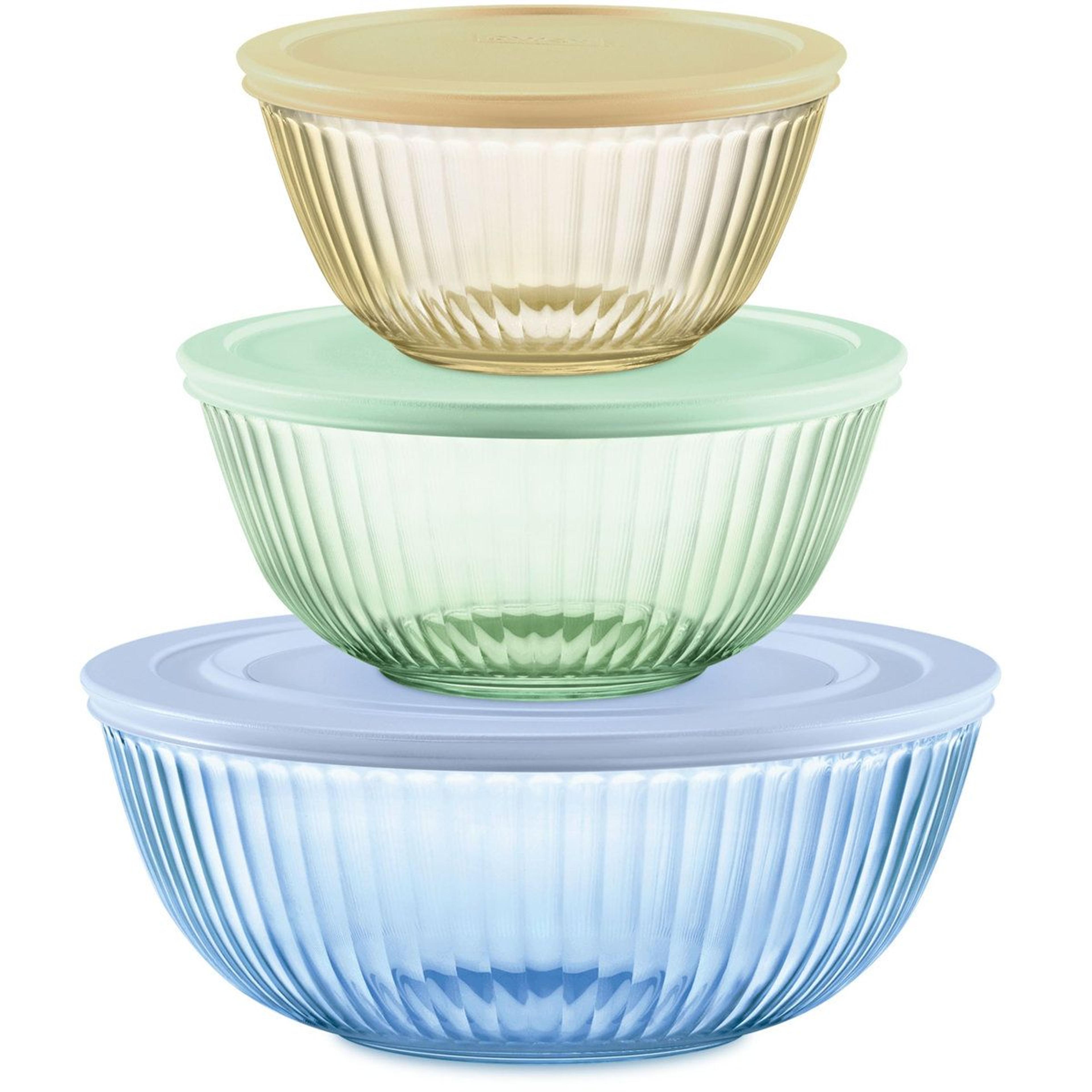 sculpted glass mixing bowl set with lids 3 sizes nesting design