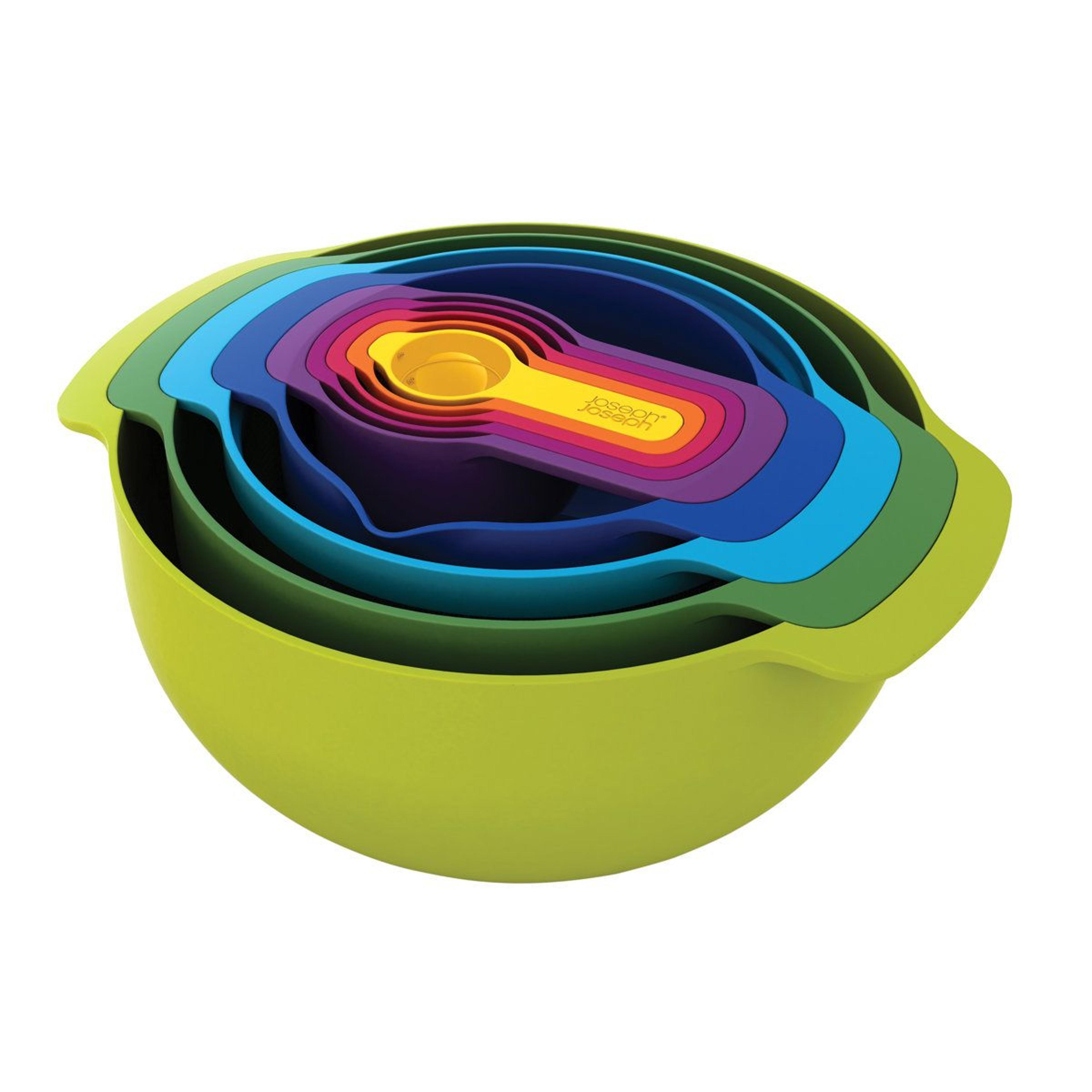 9 piece nesting mixing bowl set with measuring cups colander and stainless steel sieve