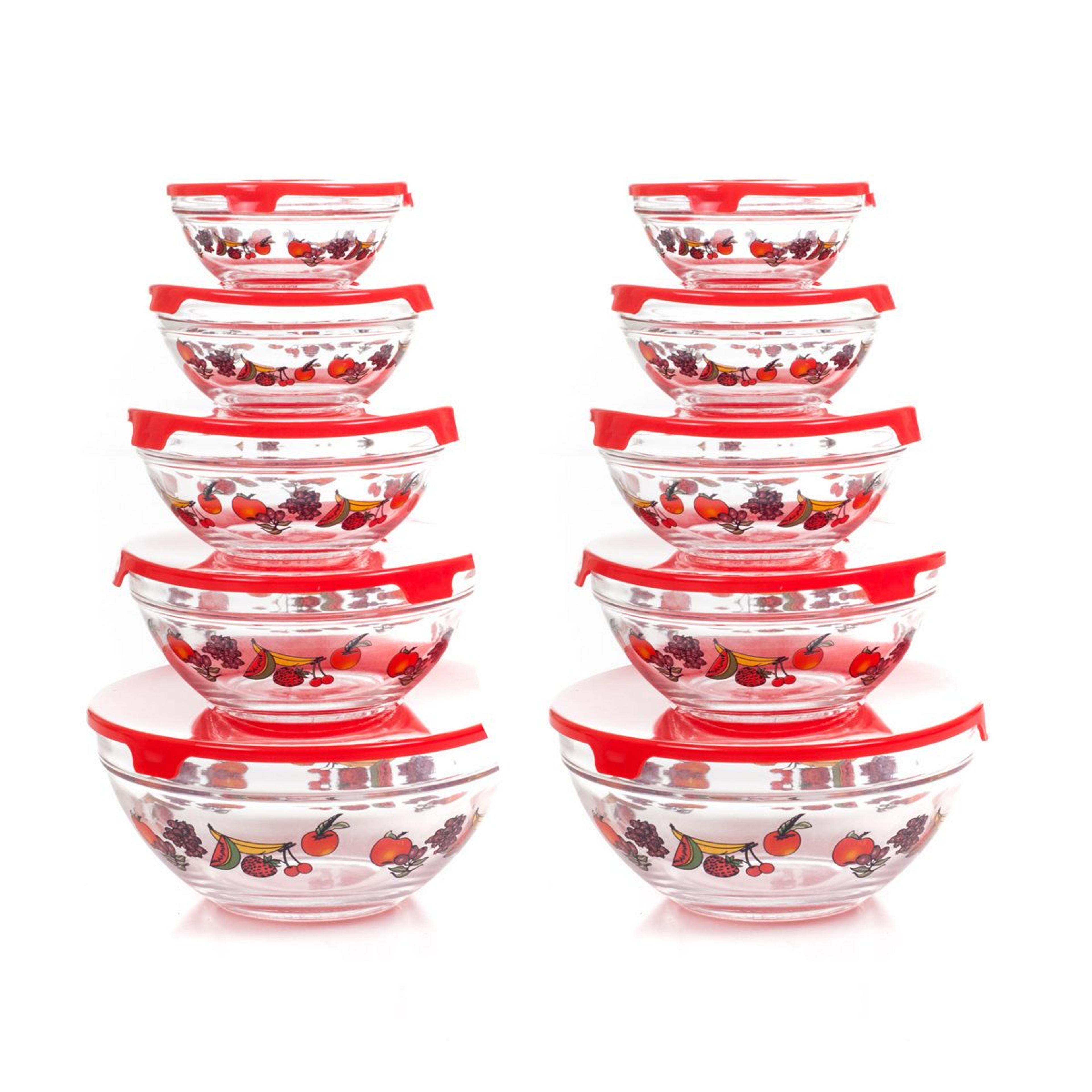 20-piece glass food storage bowl set with lids and fruit design