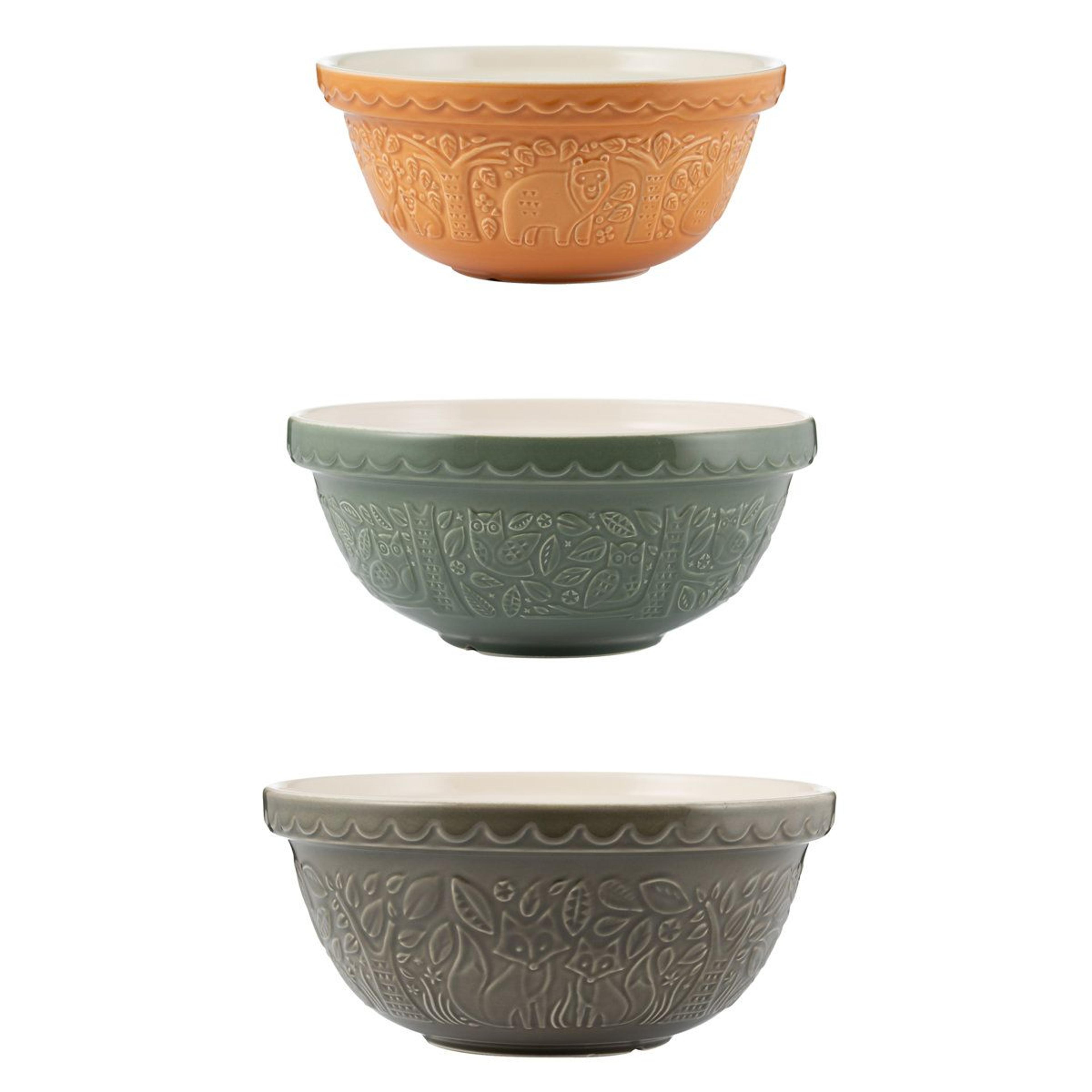 earthenware 3 piece nested mixing bowl set with embossed forest design