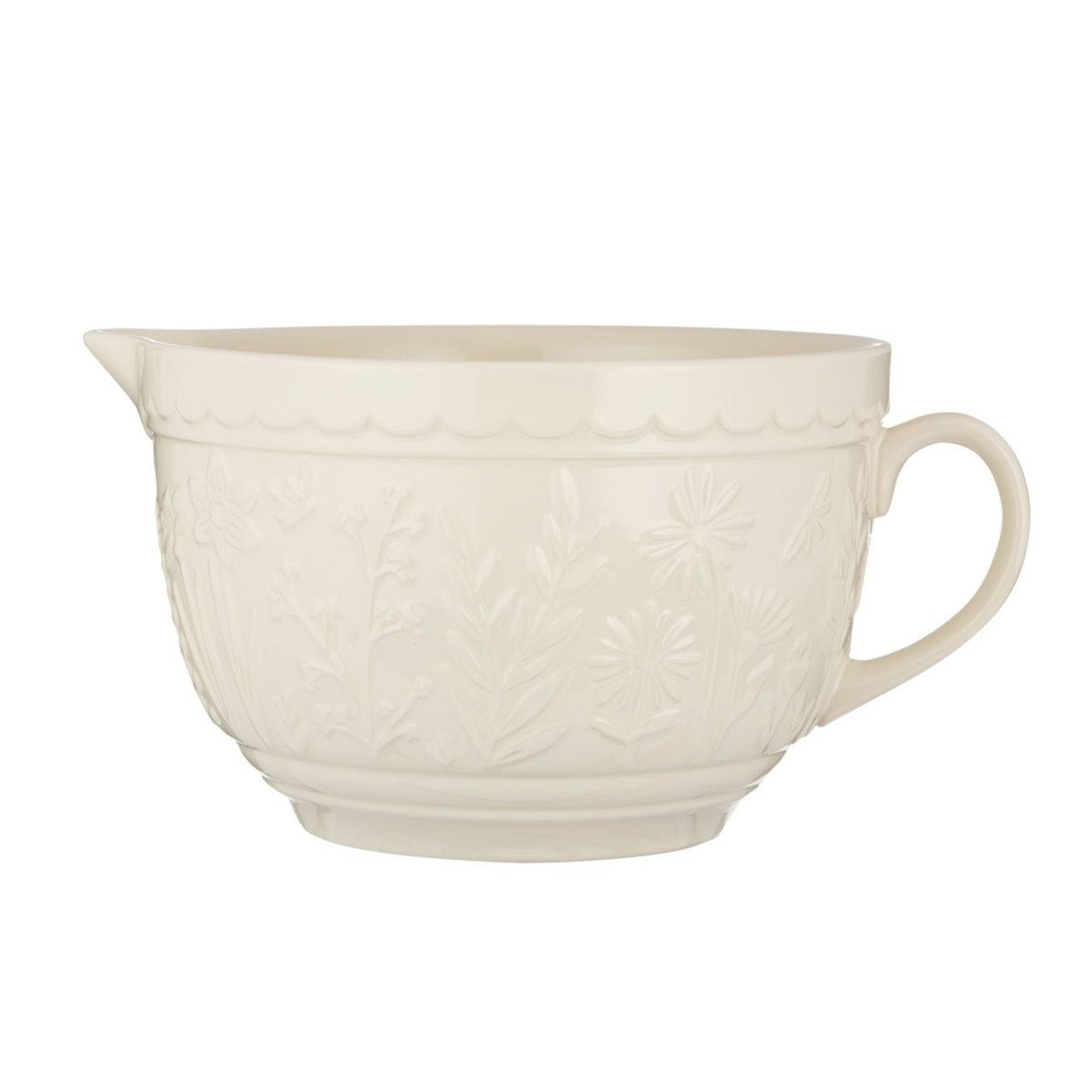 stoneware batter bowl with pouring lip textured grip and high gloss glaze