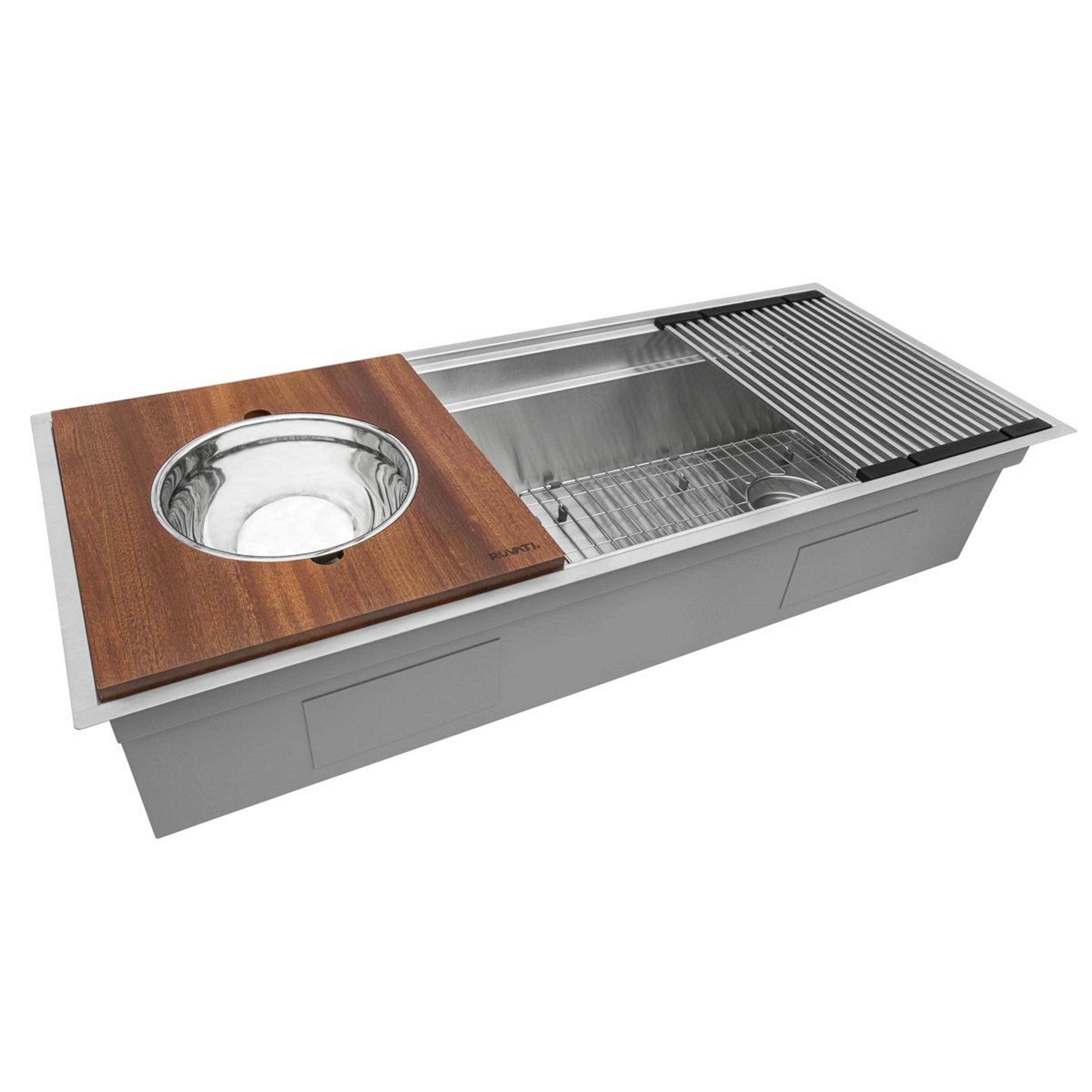 5 qt stainless steel mixing bowl and colander set with hardwood sink platform