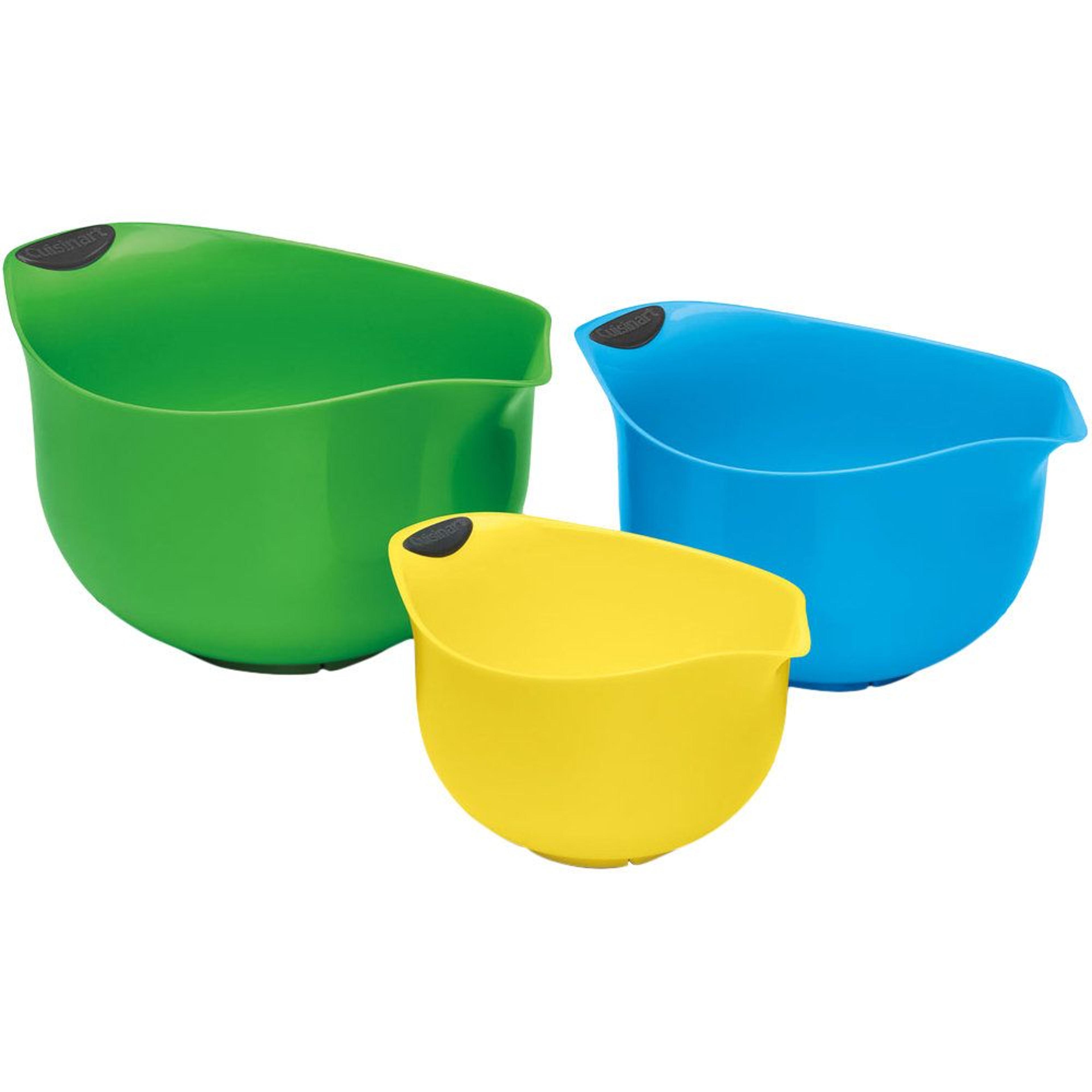 3-piece plastic mixing bowl set with nonslip bottoms and pour spouts