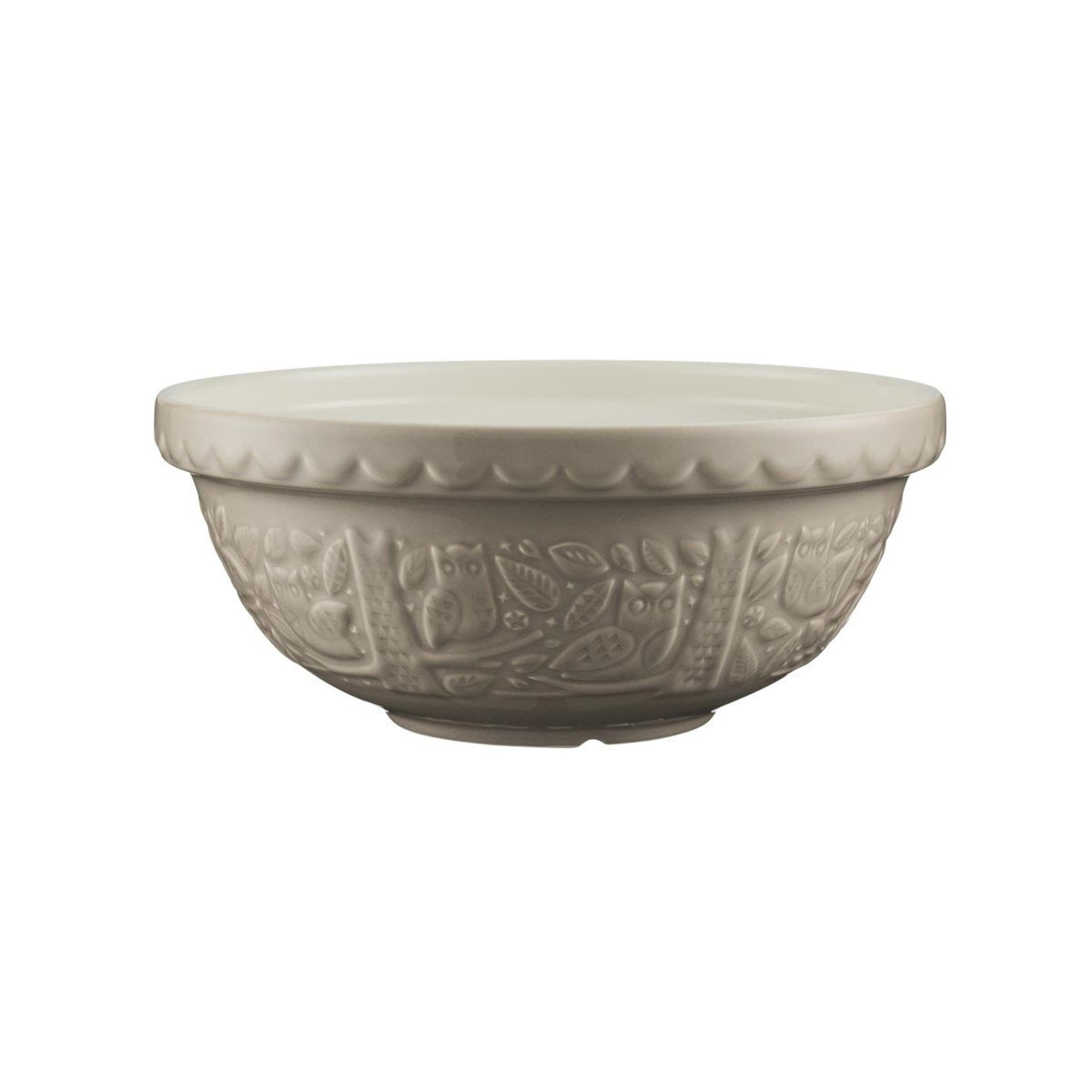 gray earthenware mixing bowl with owl woodland embossed design 2.81 qt