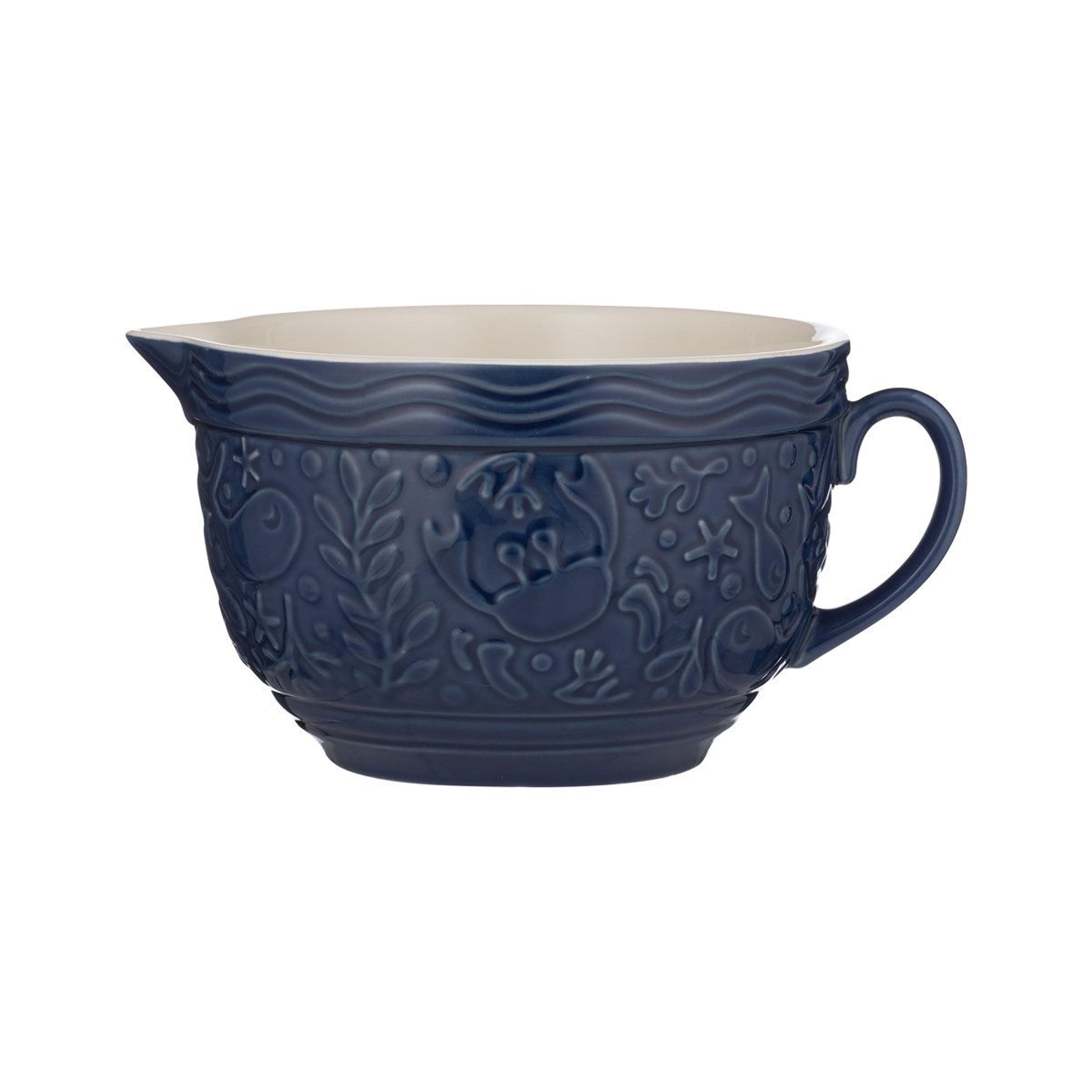 embossed ceramic batter bowl with pour spout 2 qt blue stoneware mixing bowl
