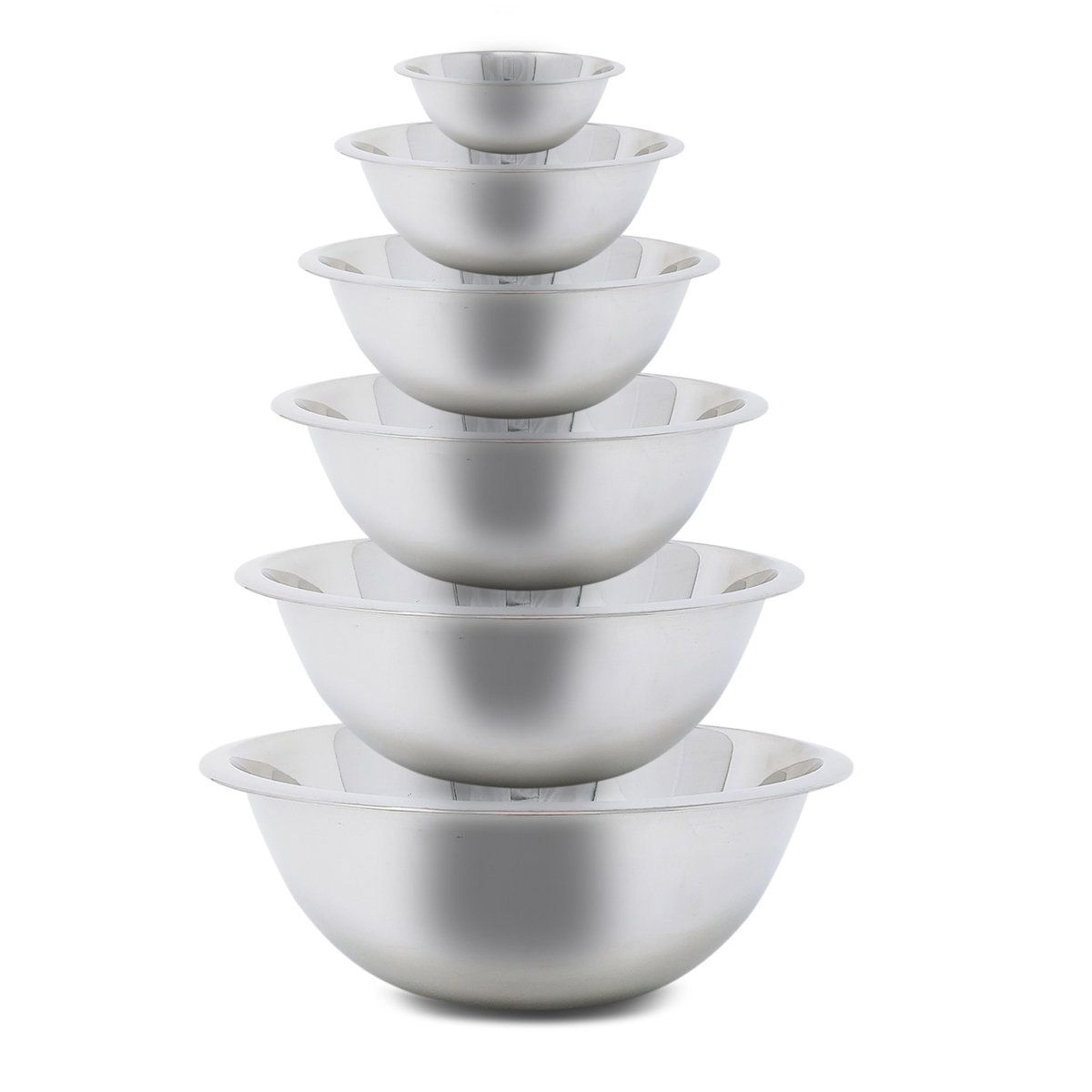6 piece stainless steel nested mixing bowl set with flared rim and flat base