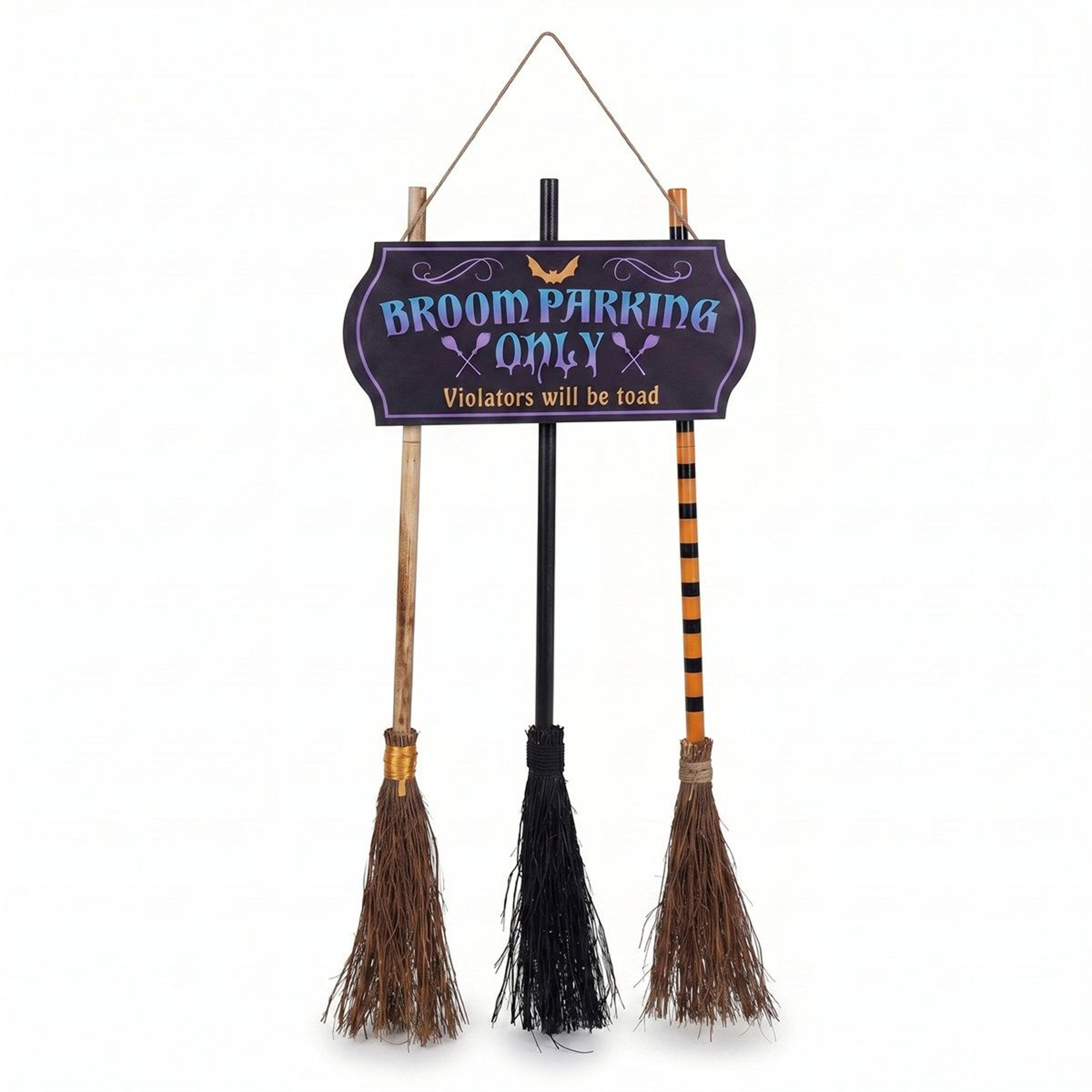 halloween broom parking sign with 3pcs wooden witches brooms