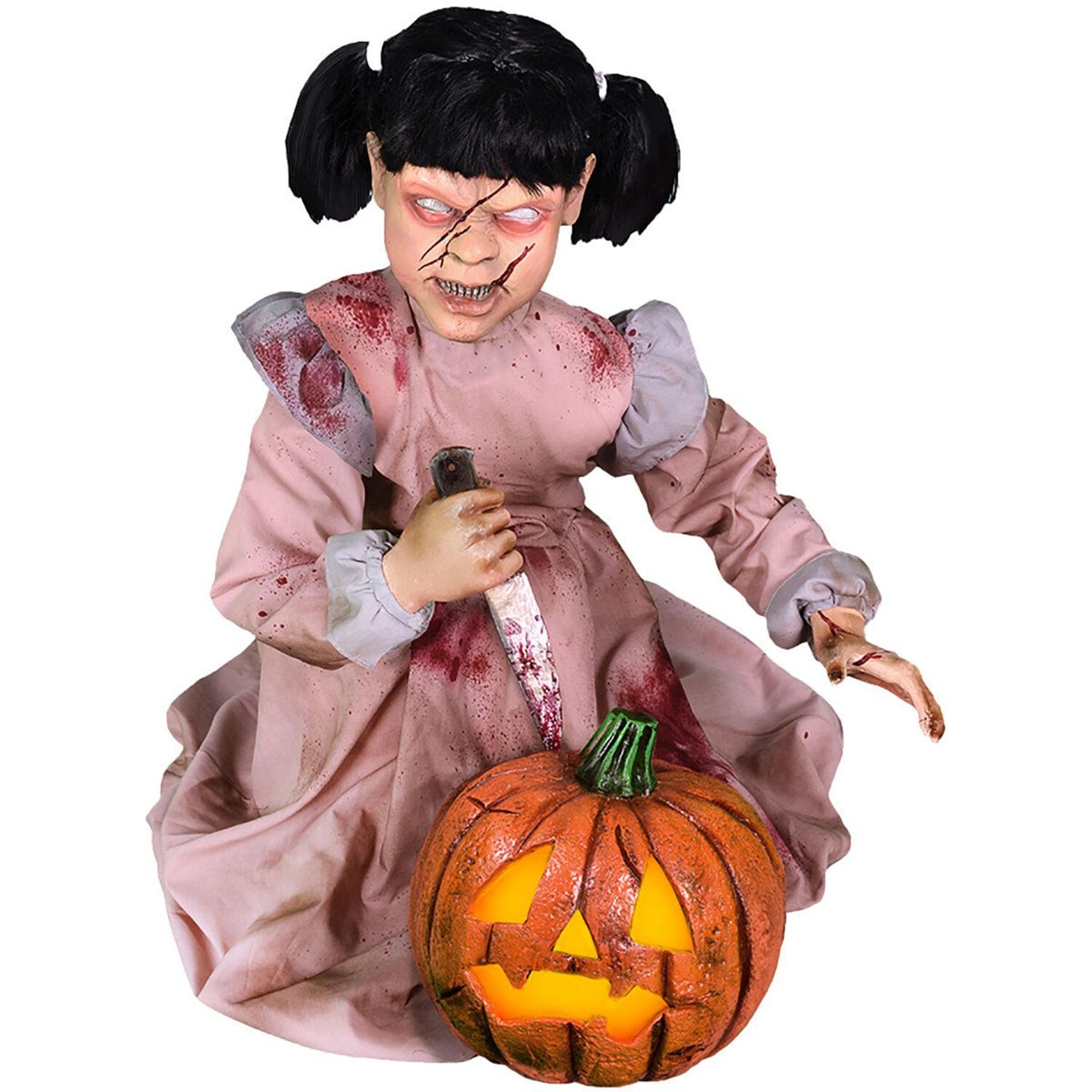 38.4 inch lunging zombie girl halloween animatronic with motion activation and led pumpkin