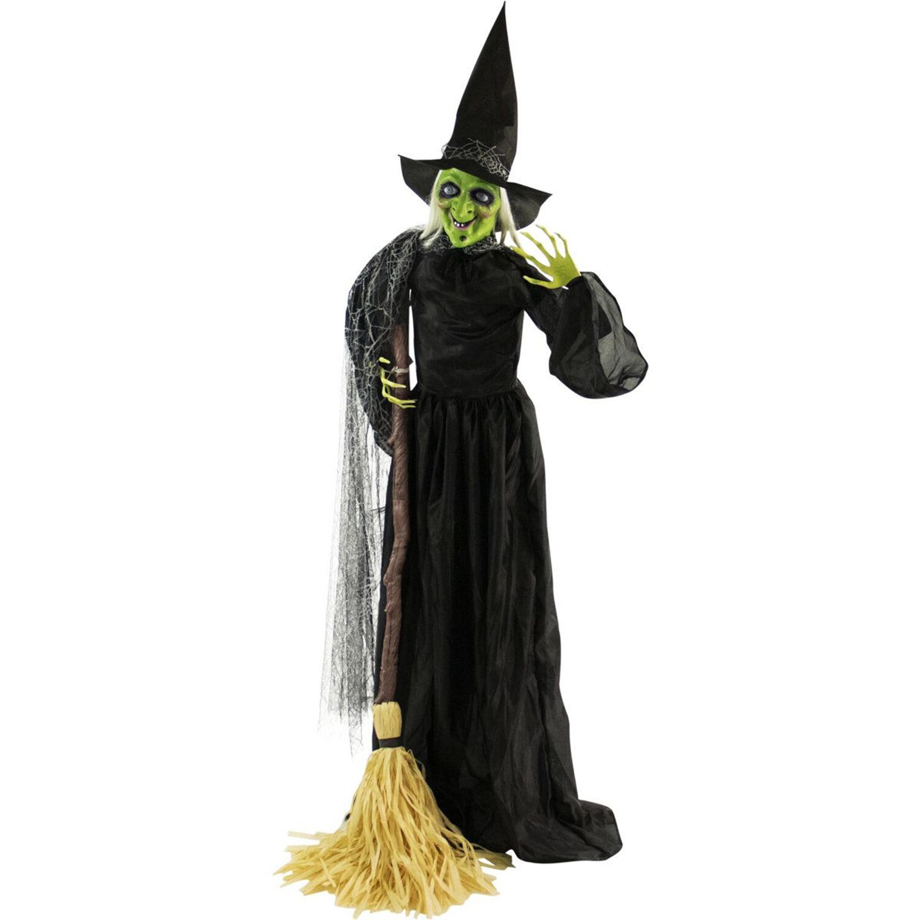 71 inch animated witch halloween decoration with broom flashing red eyes and sound