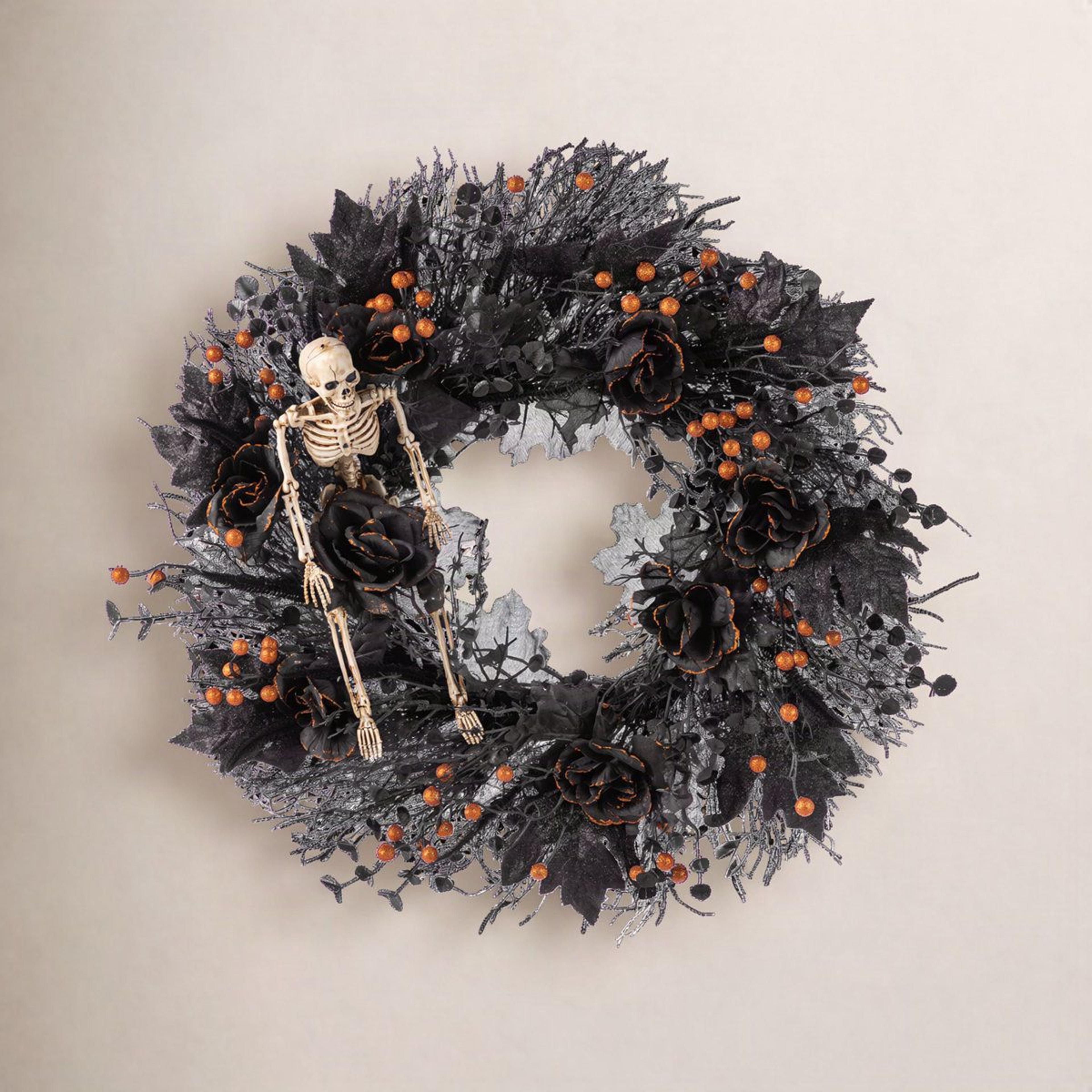 24 inch halloween black rose skeleton wreath with orange berries