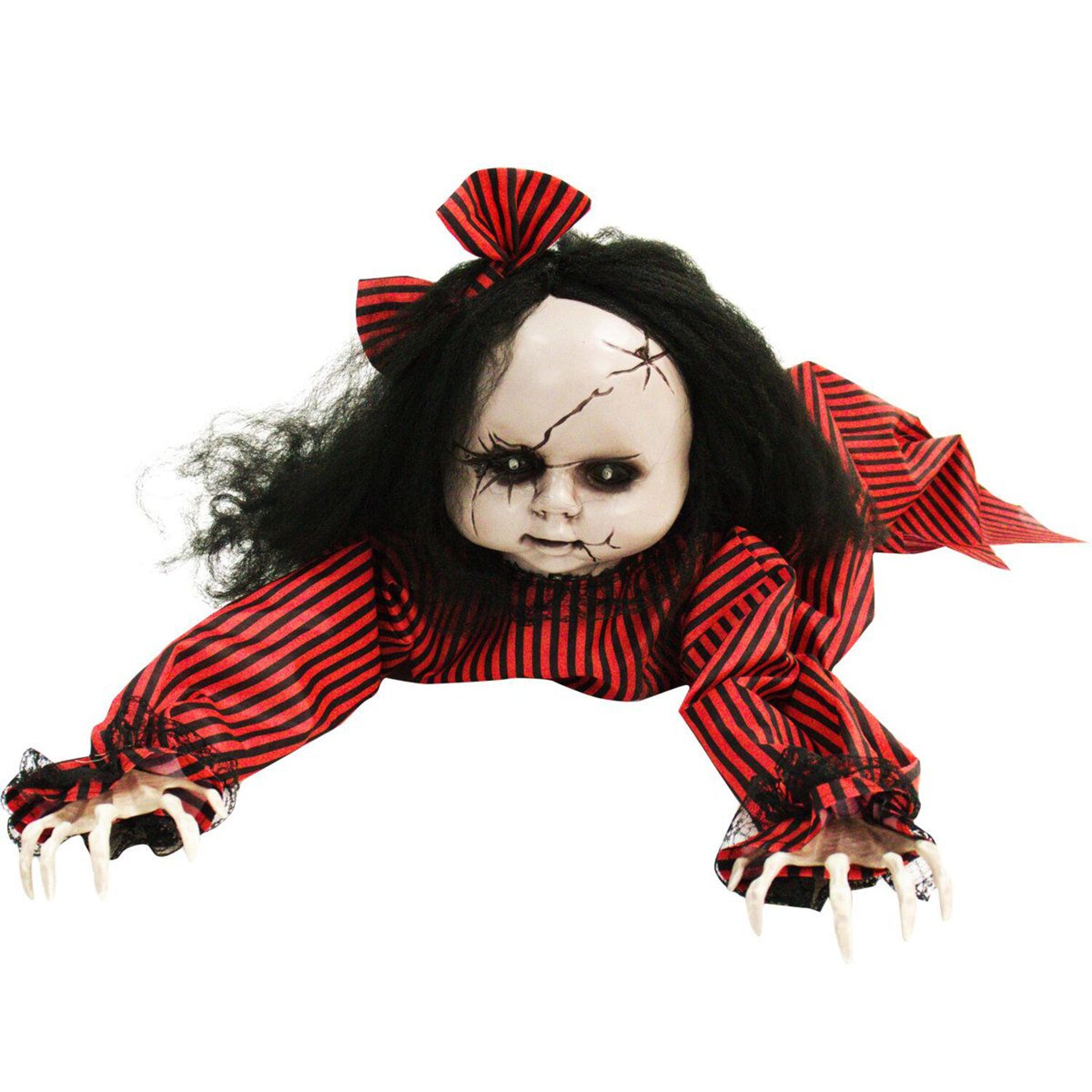 animatronic crawling haunted baby doll with blue led eyes and sound