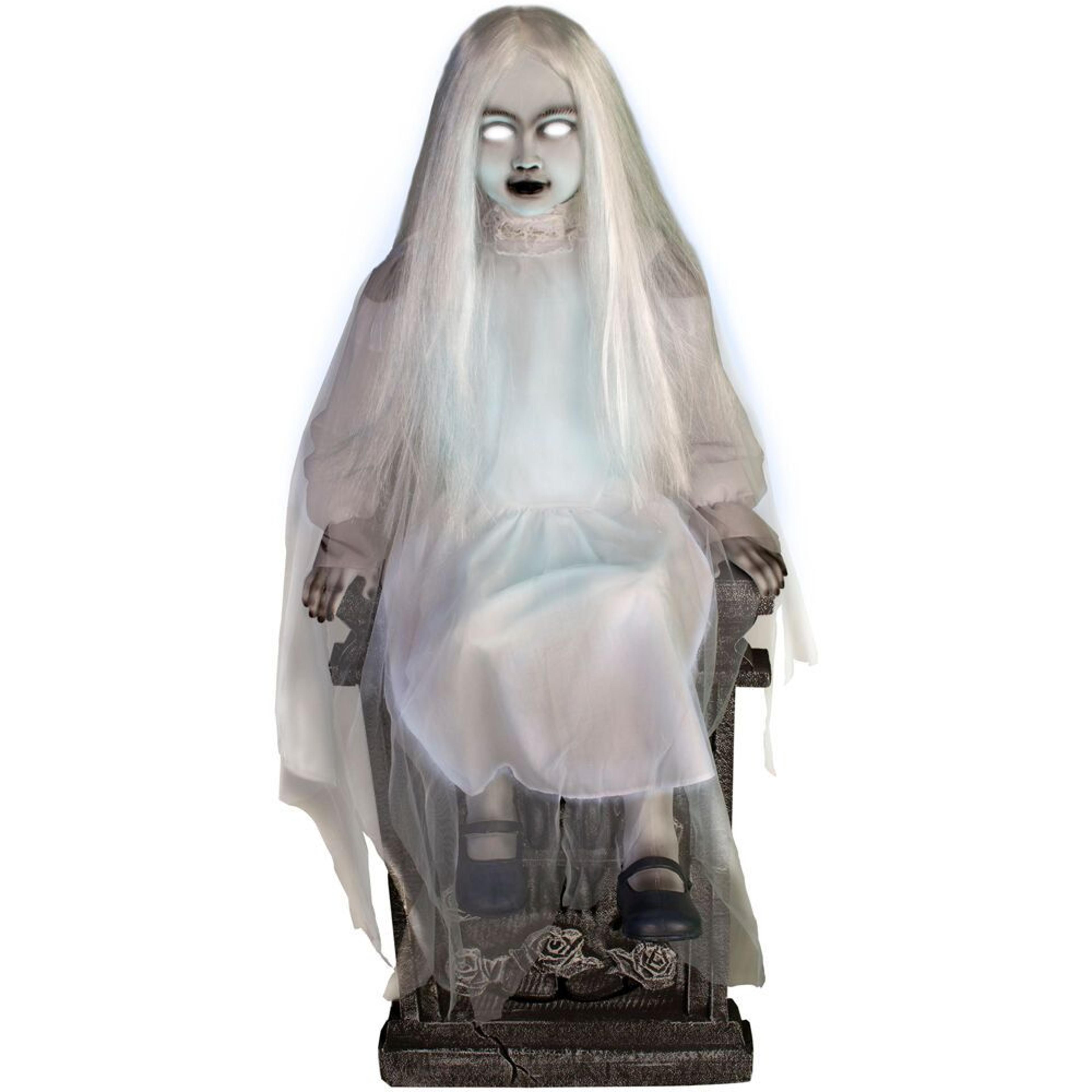 4 ft sitting tombstone girl halloween animatronic with motion activated lights and sound