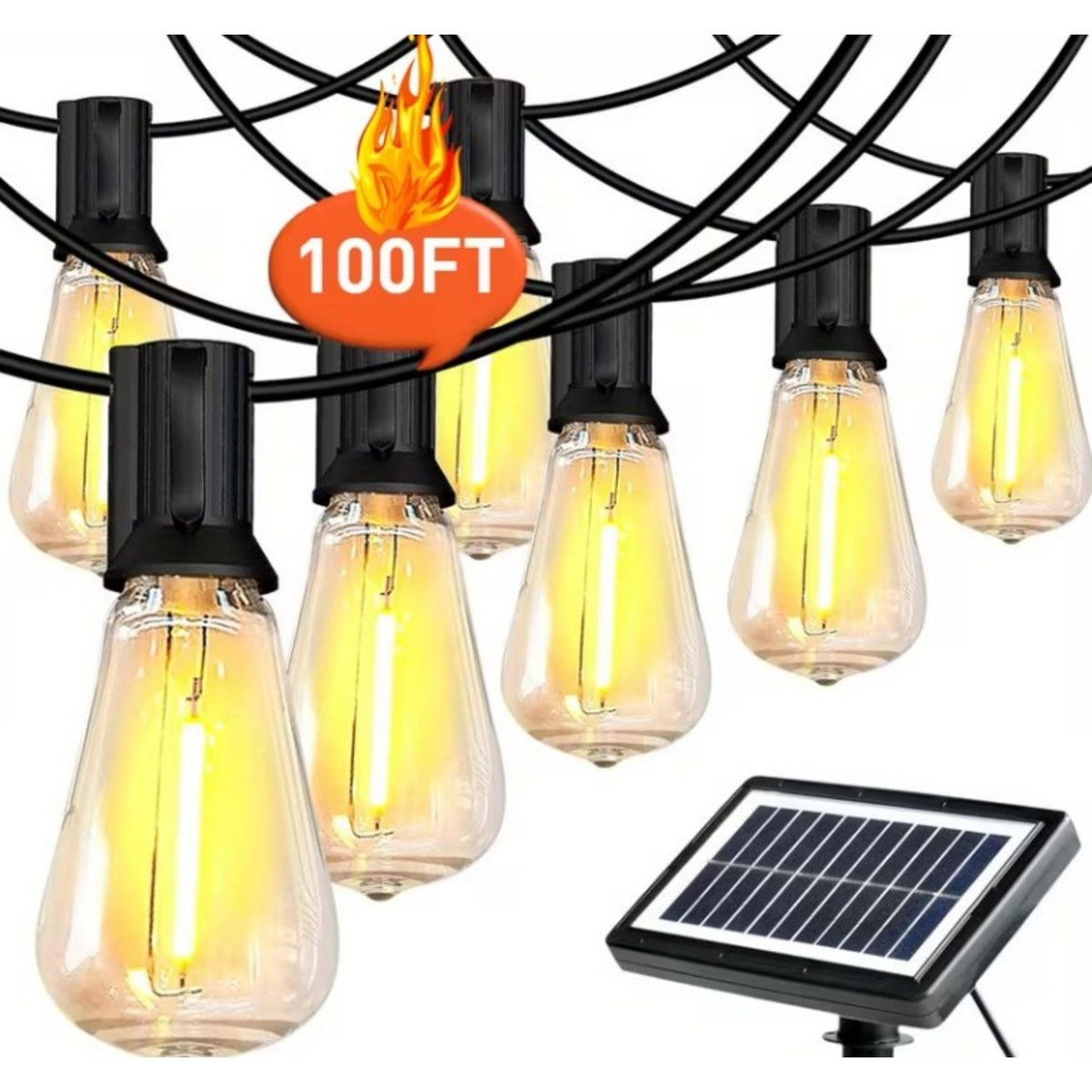 100 ft solar string lights with 24 edison led bulbs and 2700k warm white glow
