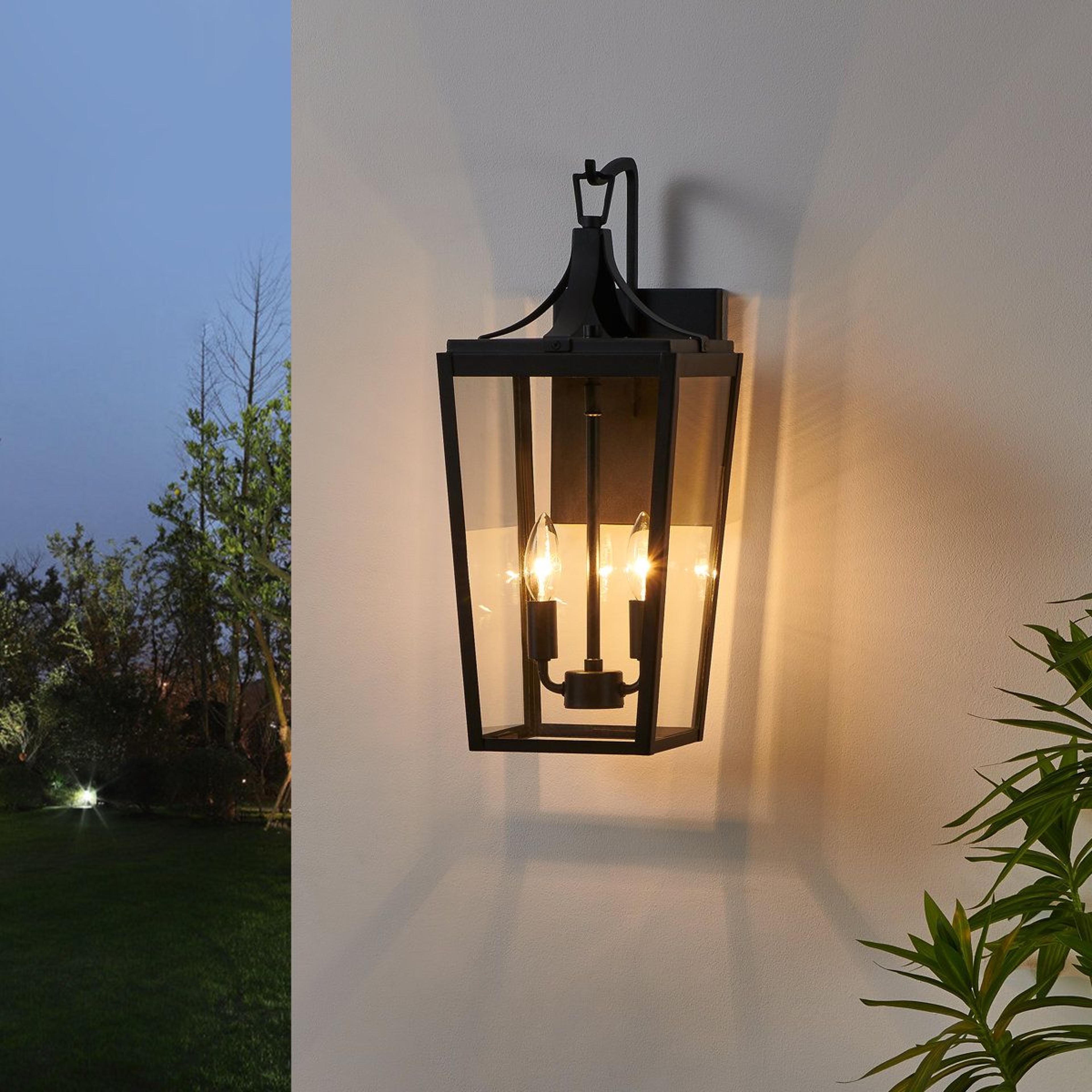 matte black 2-light outdoor wall lantern with clear glass shade