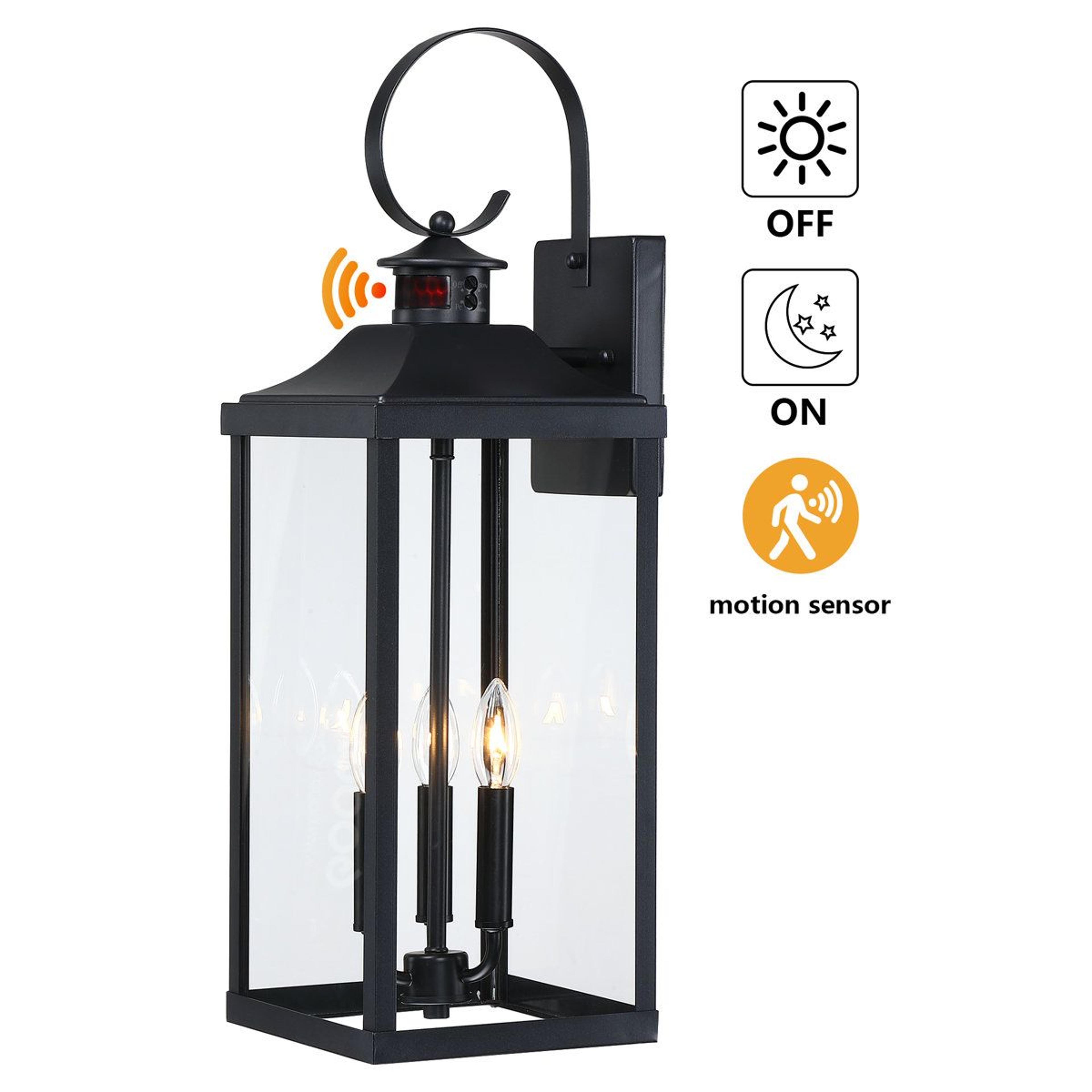 24.3-inch 3-light outdoor wall lantern with dusk-to-dawn motion sensor